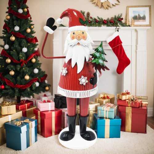 JoyfulJingle Cheerful Santa Claus Holding Tree and Waving Christmas decoration - furnishings