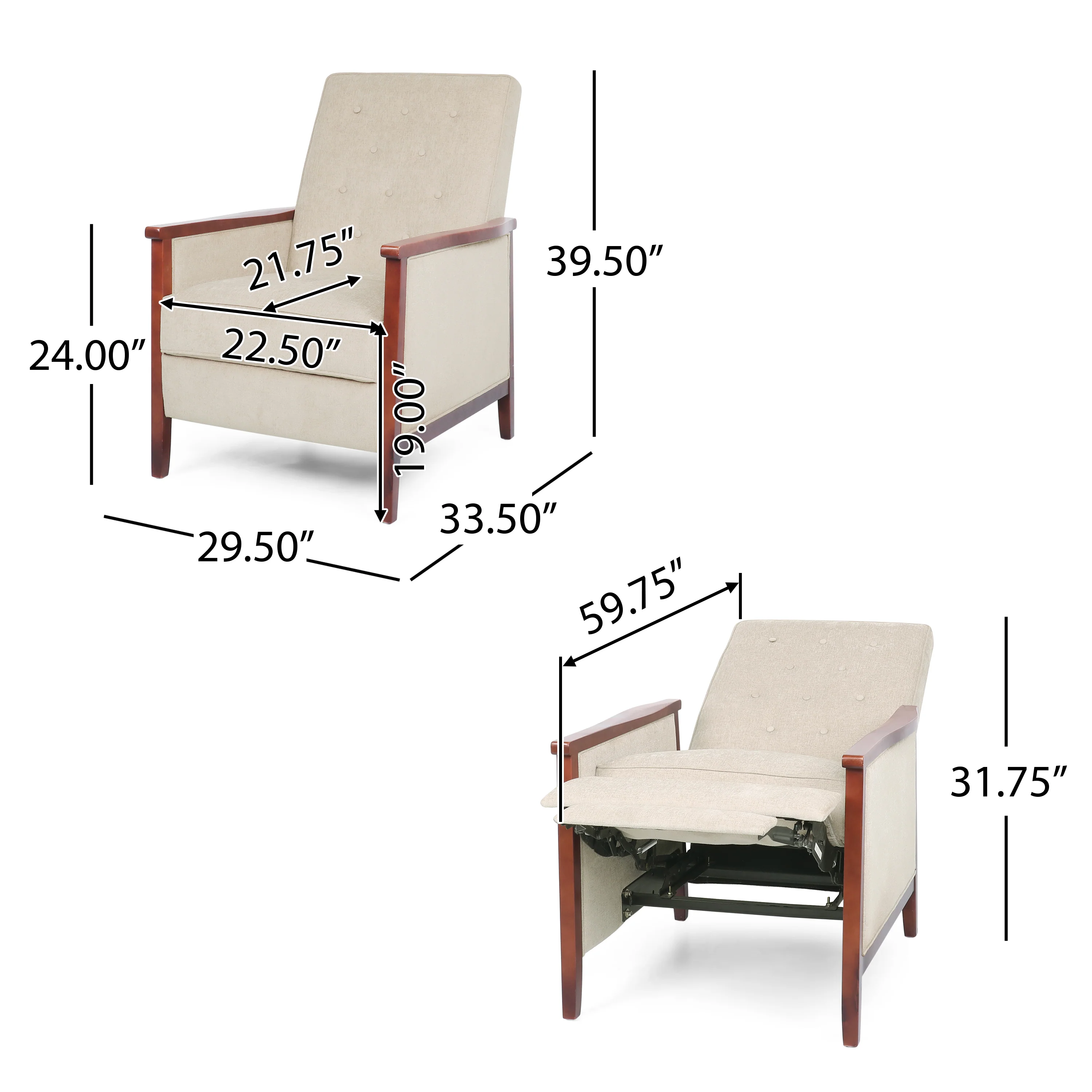 Albatros Mid Century Modern Fabric Tufted Wood Pushback Recliner - furnishings