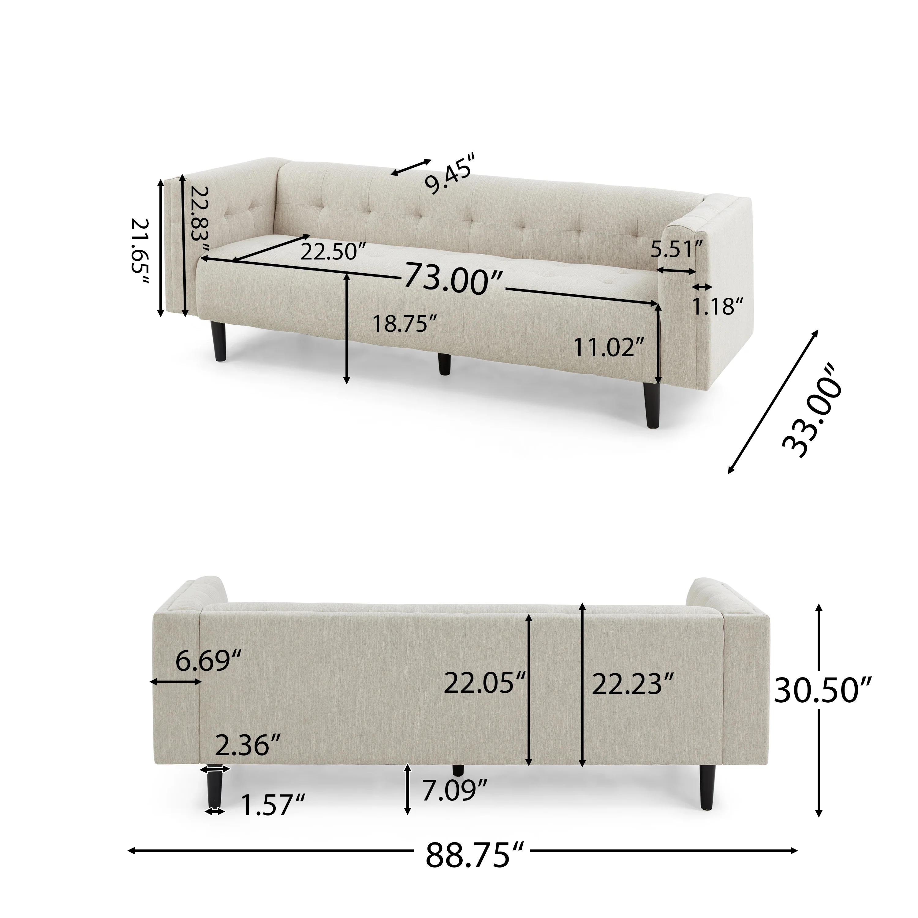 Kennedii Mid-Century Modern Fabric Upholstered Tufted 3 Seater Sofa - furnishings