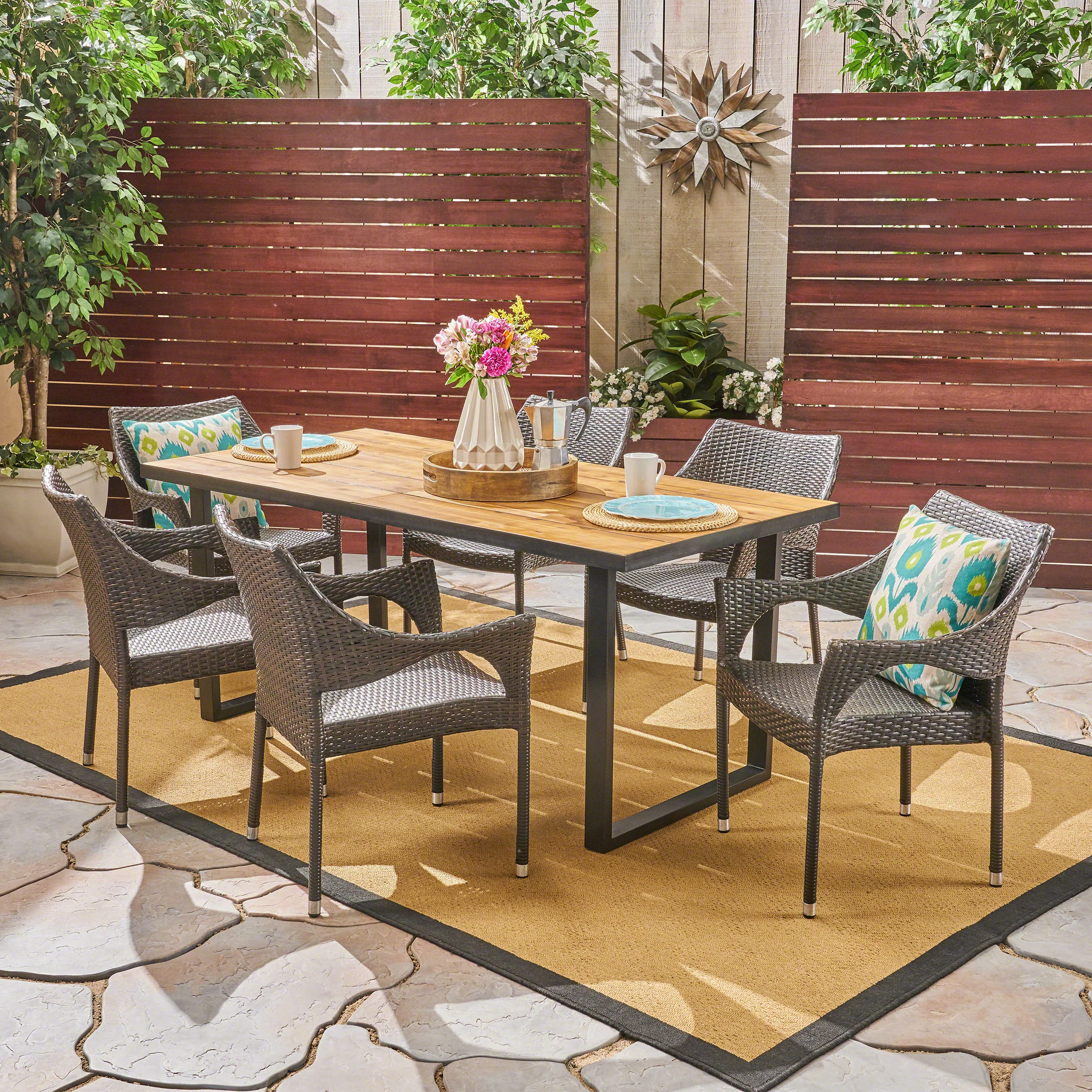 Indira Outdoor 6-Seater Rectangular Acacia Wood and Wicker Dining Set, Teak with Black and Multi Brown - furnishings