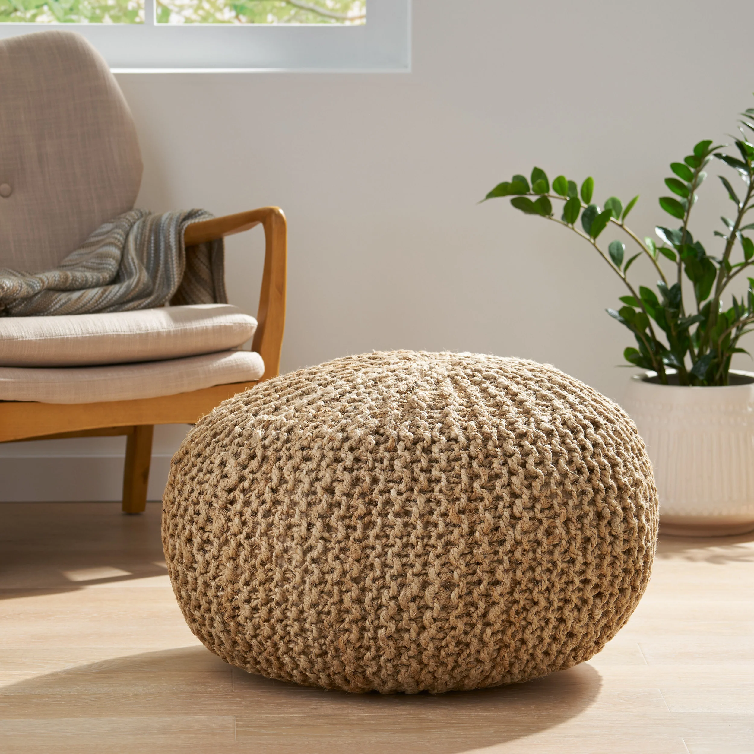 Brightridge Boho Handmade Jute Cable Knit Round Pouf - furnishings