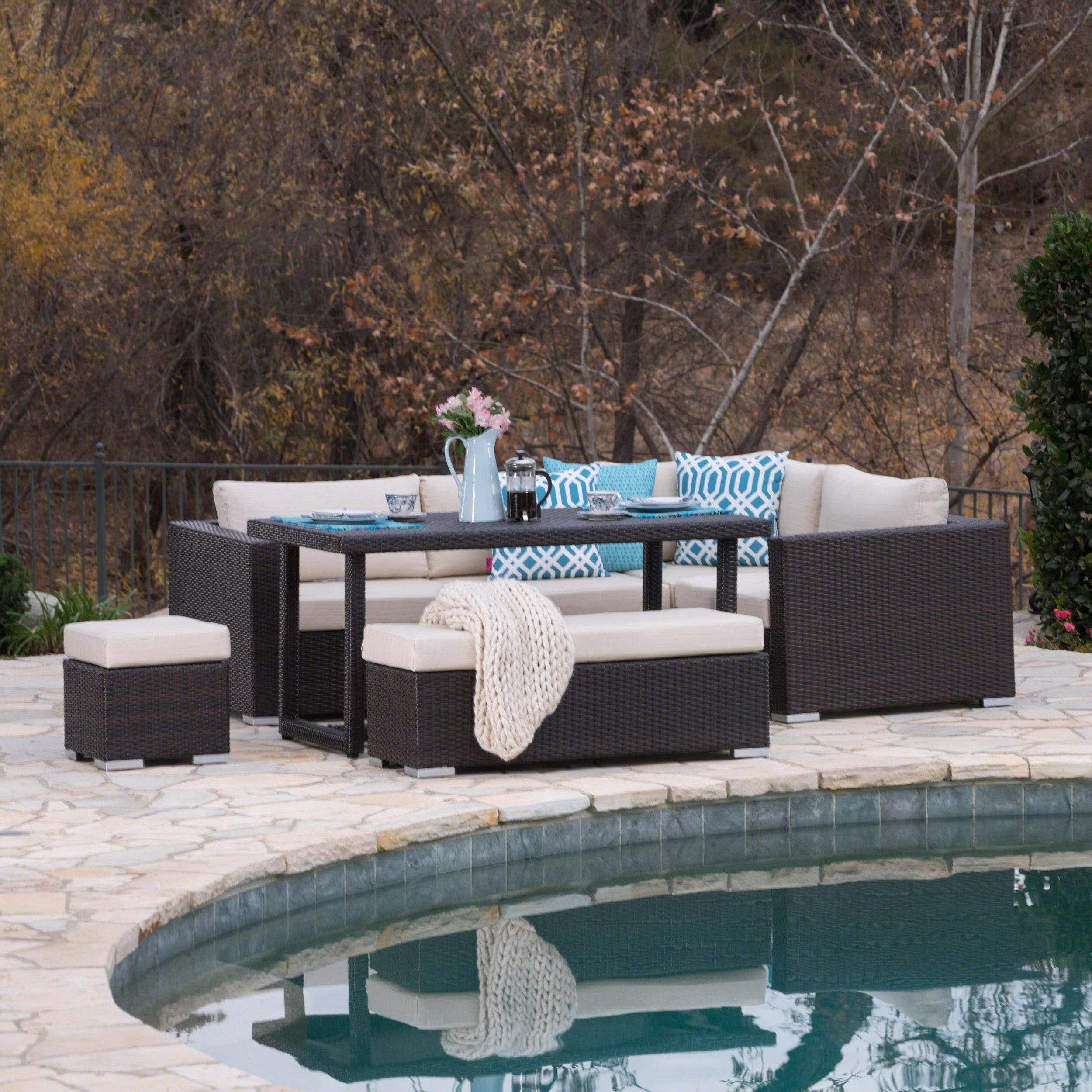 Santa Maria Outdoor 7 Seat Dining Sofa Set with Aluminum Frame and Water Resistant Cushions - furnishings