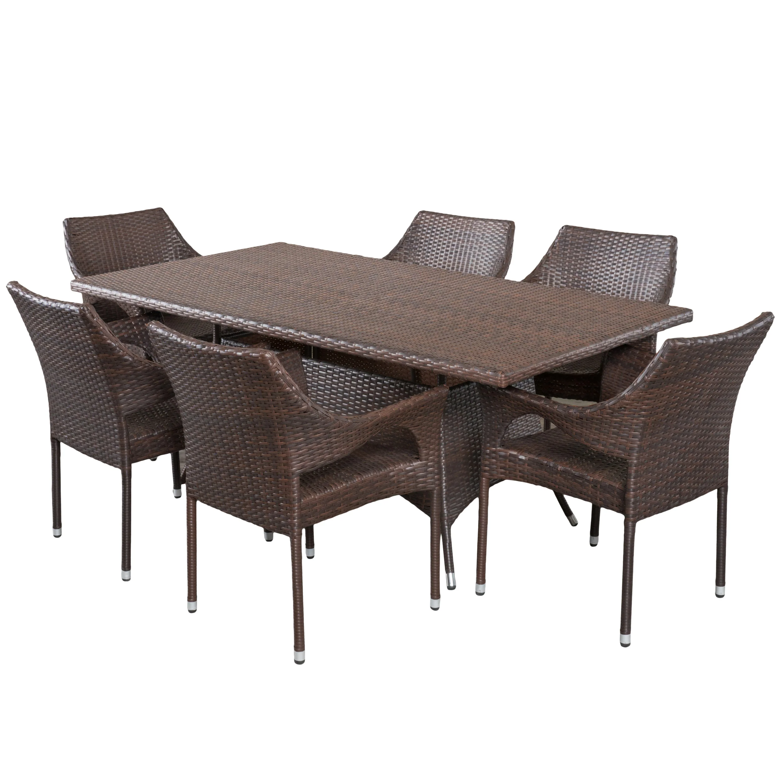 Clayton Outdoor 7 Piece Multi-Brown Wicker Dining Set with Metal Tipped Legs - furnishings