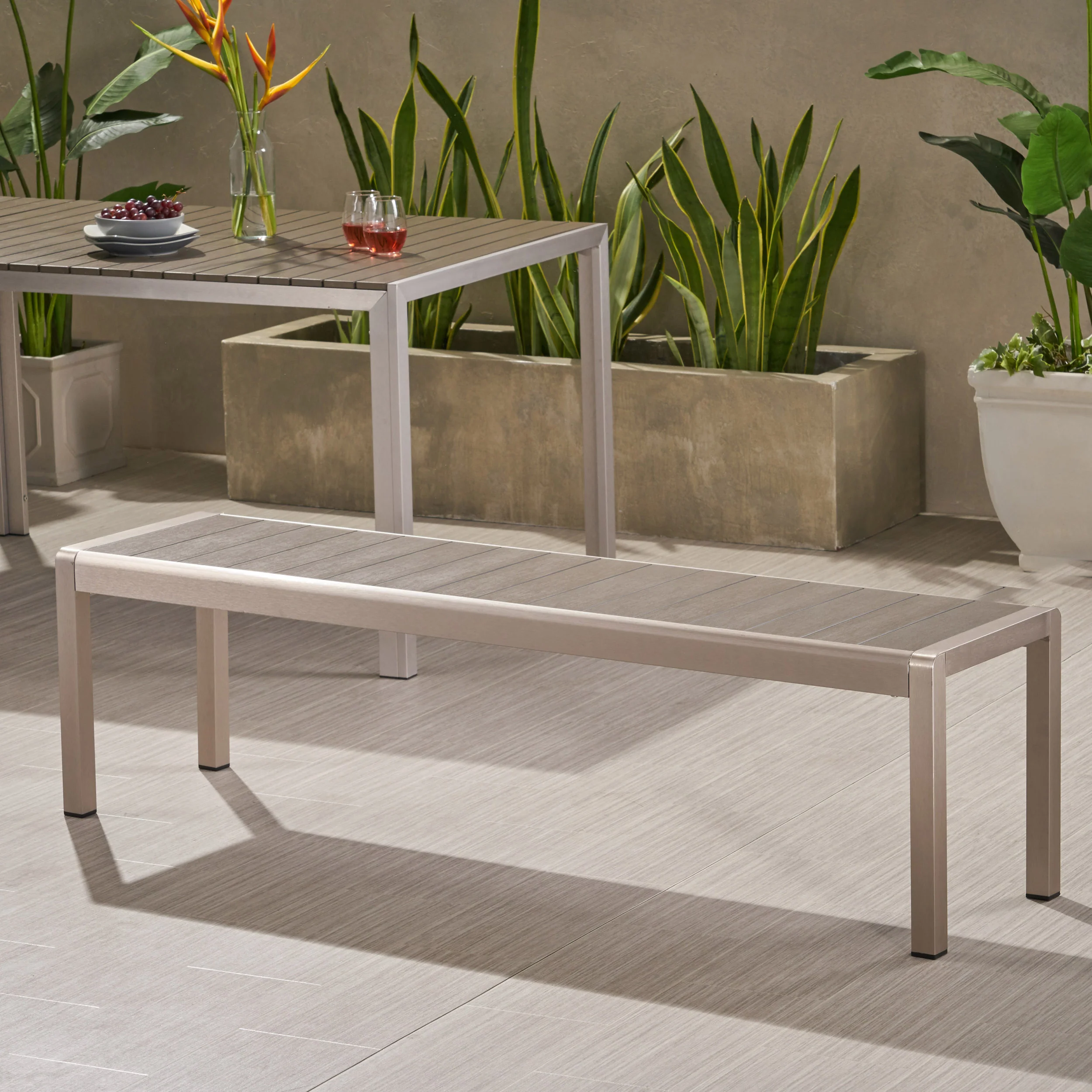 Cherie Outdoor Modern Aluminum Dining Bench with Faux Wood Seat - furnishings