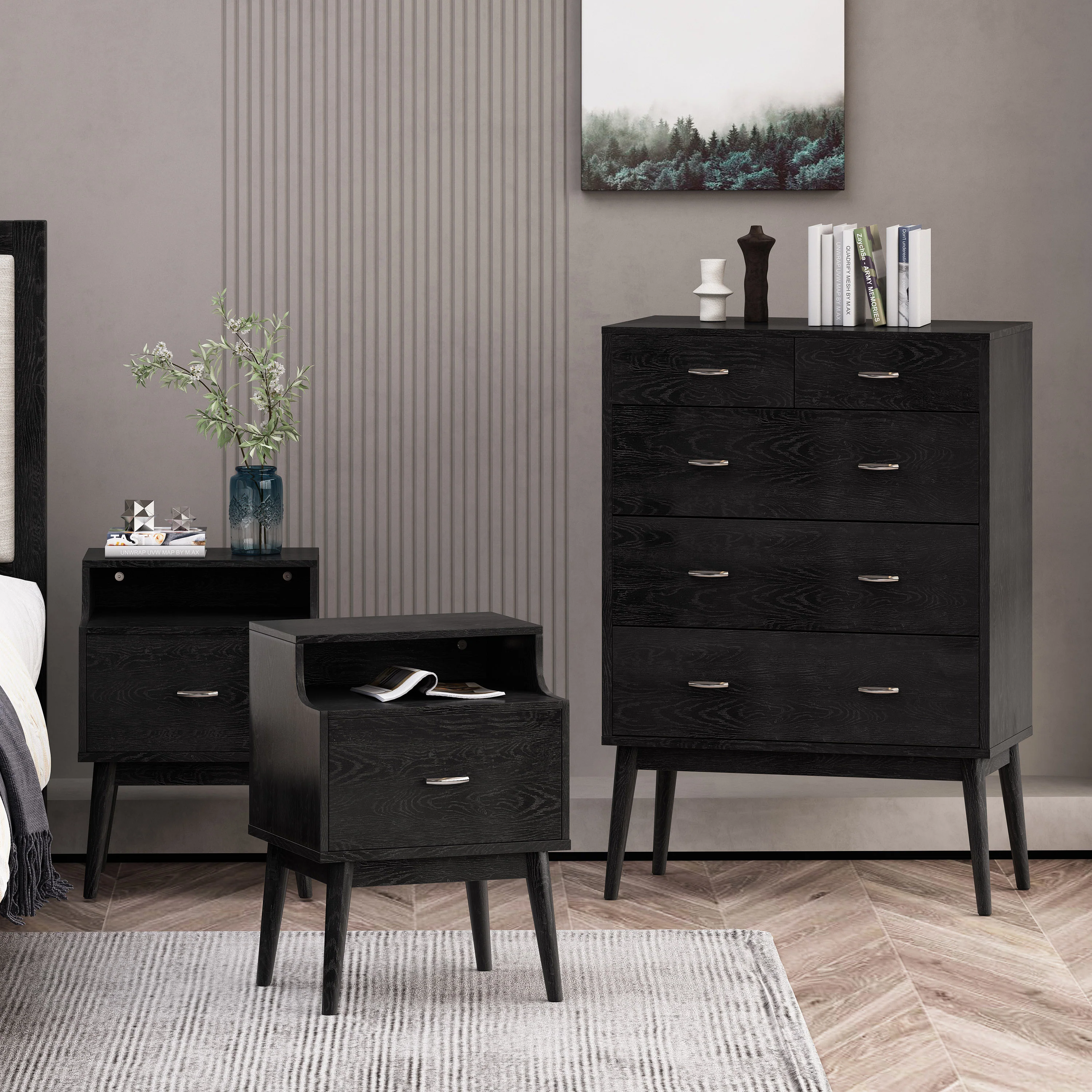 Wilbur Mid Century Wooden 3 Piece 5 Drawer Dresser and Nightstand Bedroom Set - furnishings