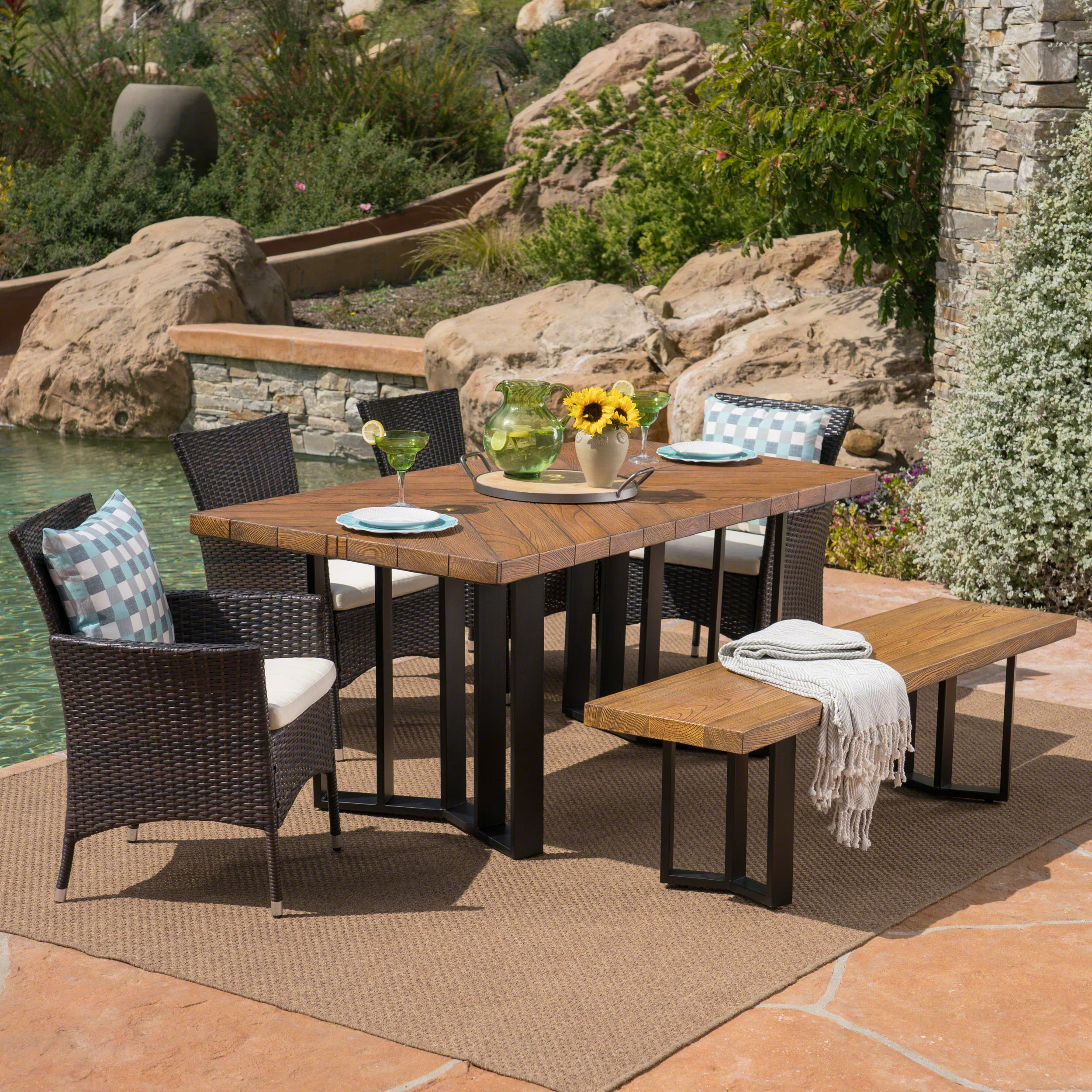 Truda Outdoor 6 Piece Wicker Dining Set with Concrete Dining Table and Bench - furnishings