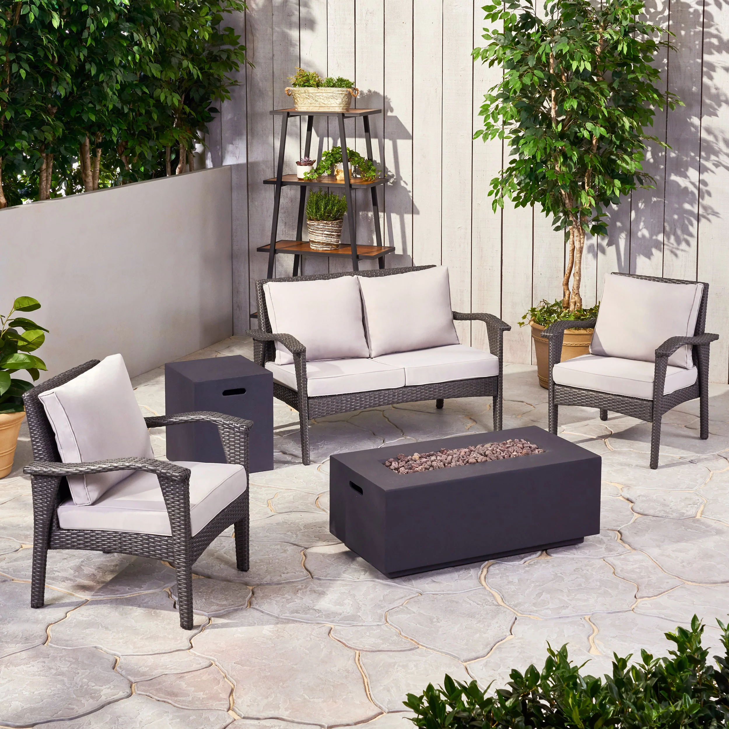 Mckynzie Outdoor 4 Seater Wicker Chat Set with Fire Pit - furnishings
