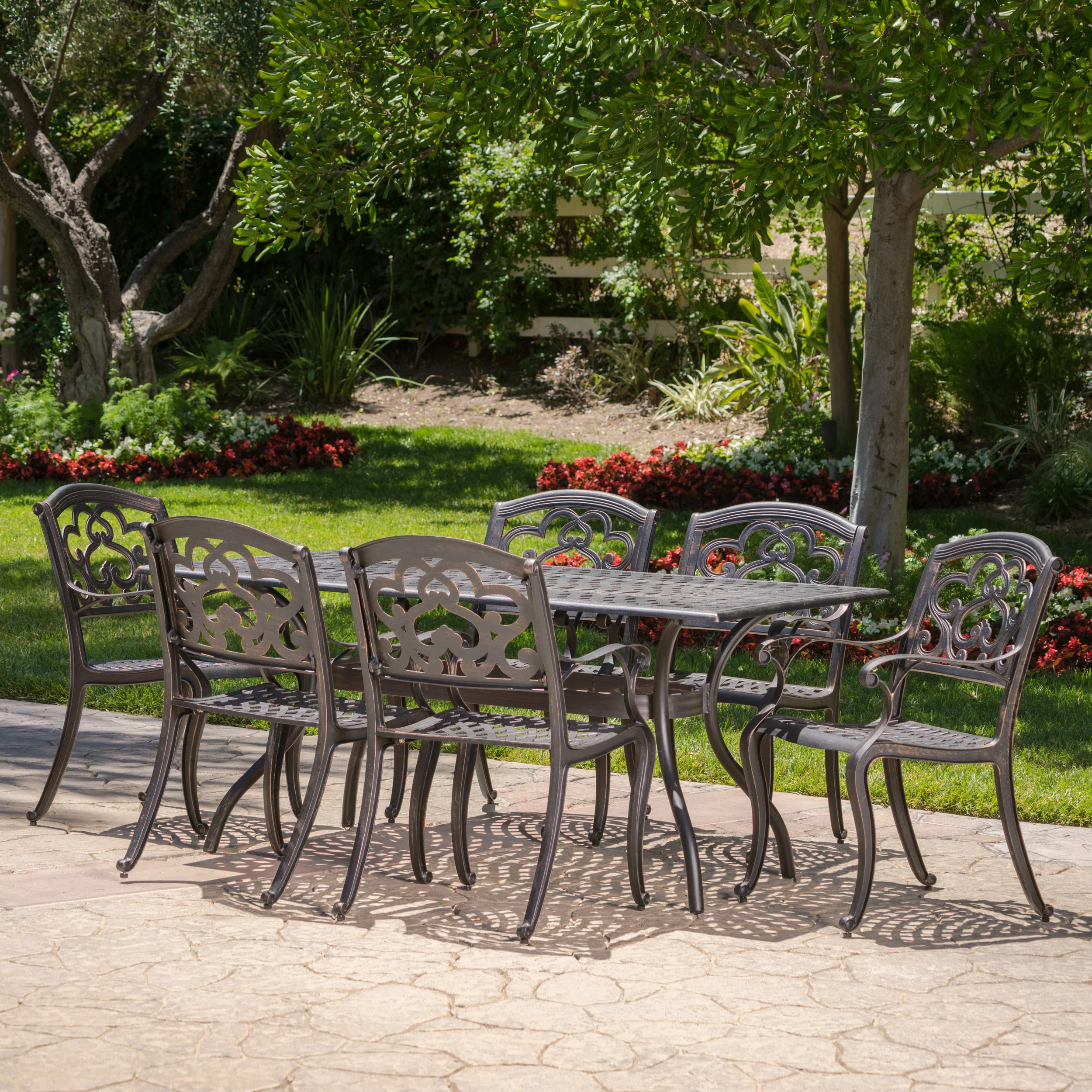 Carlton Outdoor 7 Pc Patina Copper Cast Aluminum Dining Set - furnishings