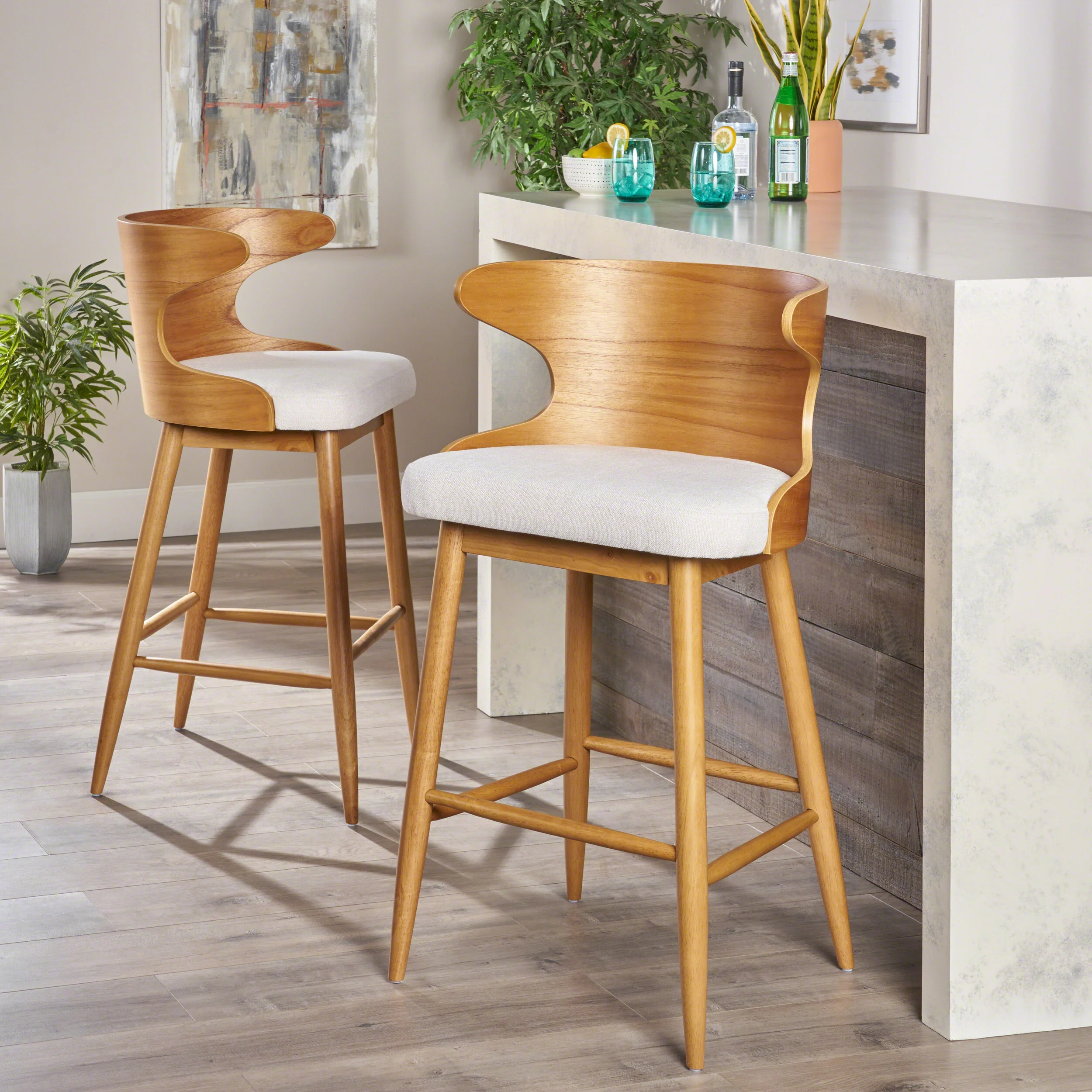 Truda Mid Century Modern Fabric Barstools (Set of 2) - furnishings