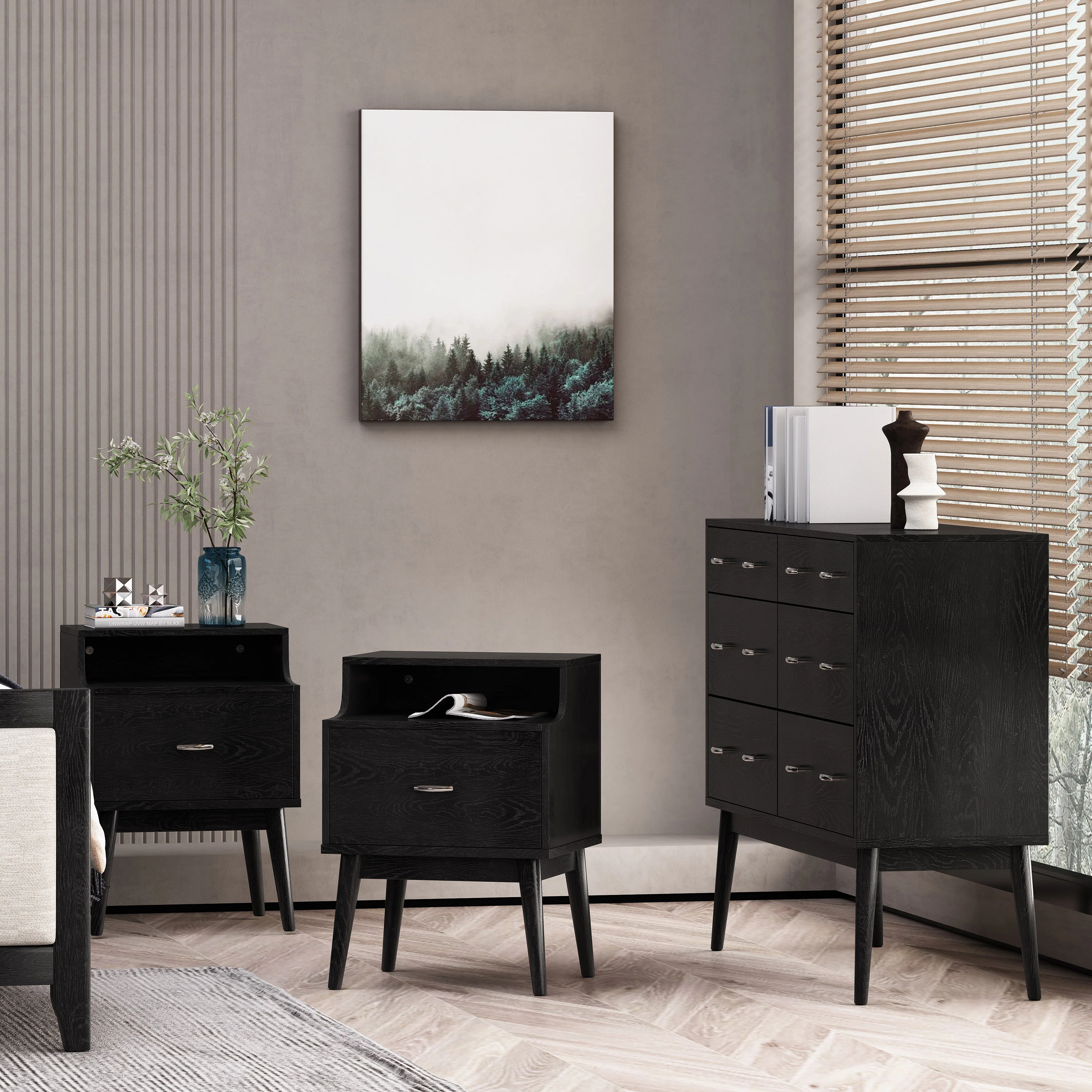 Wilbur Mid Century Wooden 3 Piece Double Dresser and Nightstand Bedroom Set - furnishings