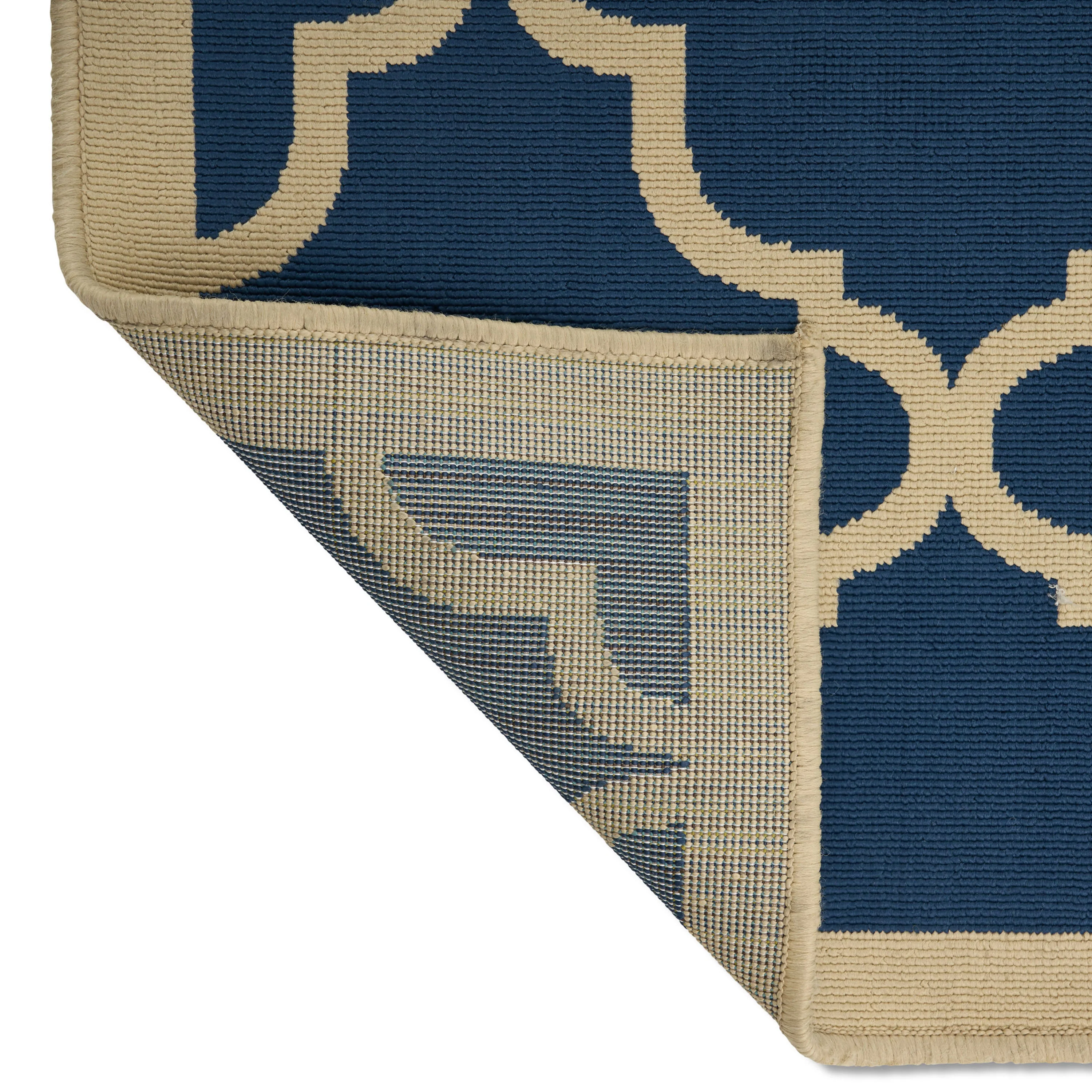 Hazel Outdoor Modern Navy Blue Area Rug with Ivory Quatrefoil Pattern - furnishings