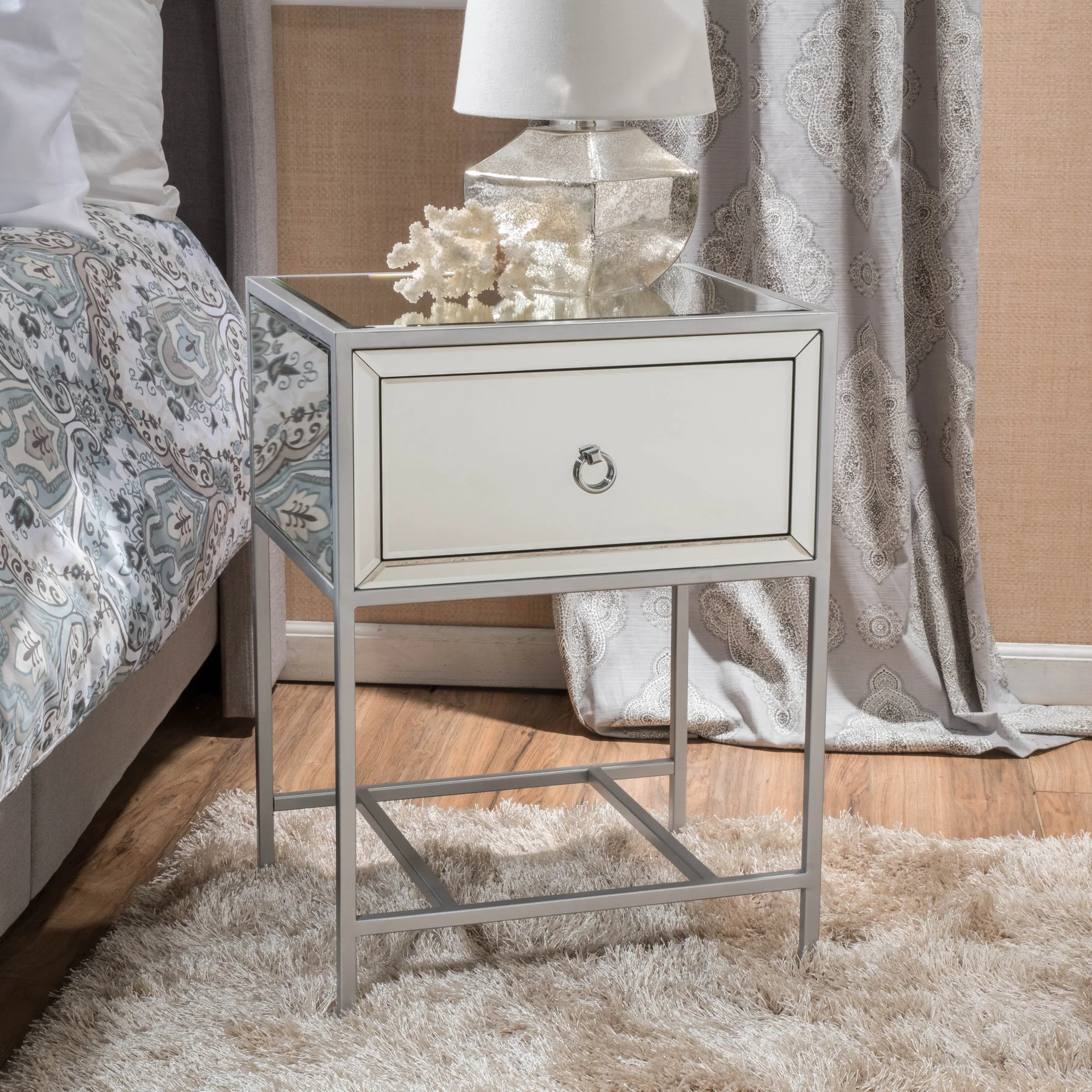Athena Mirrored Silver 1 Drawer Side Table - furnishings