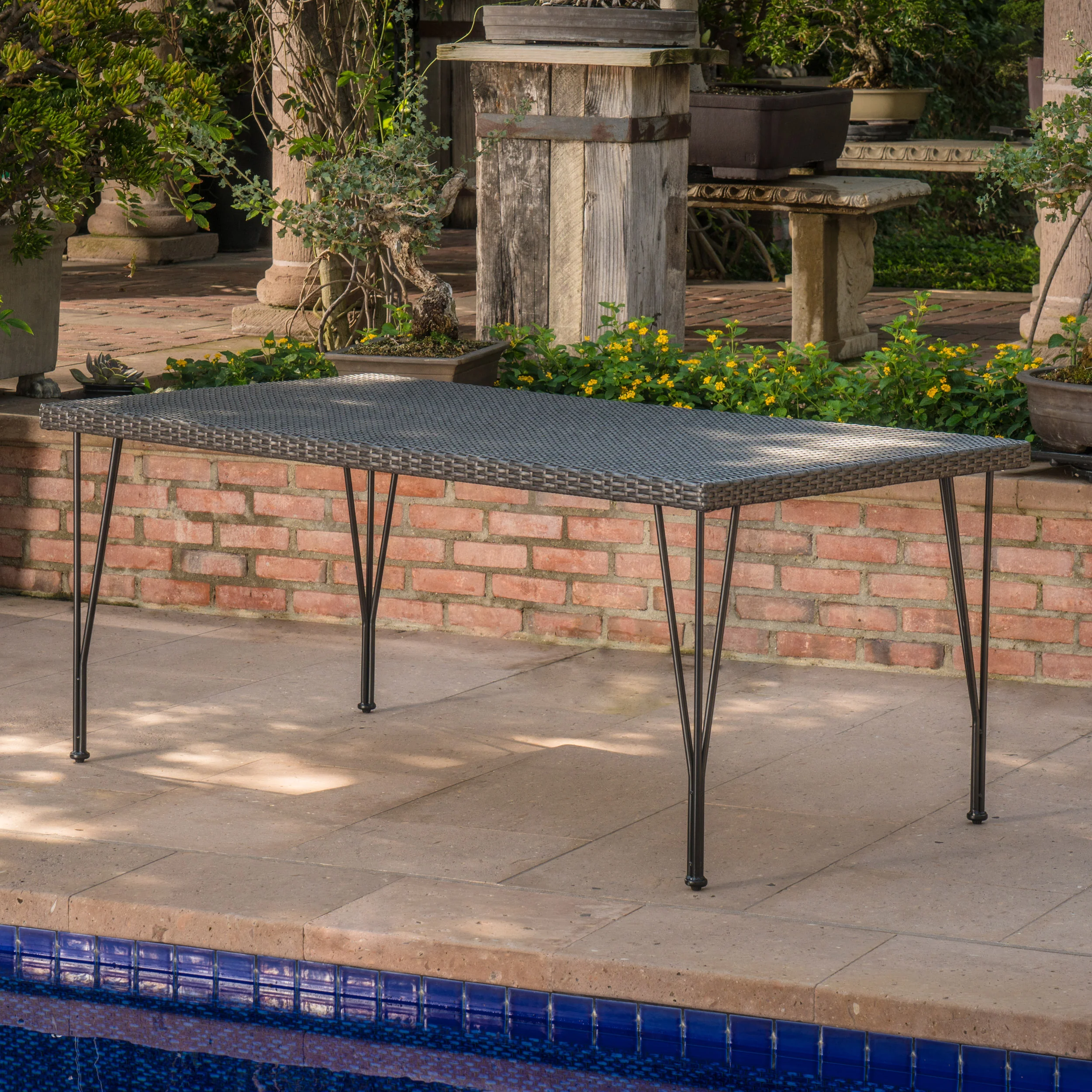 Kari Outdoor 7 Piece Wicker Rectangular Dining Set with Water Resistant Cushions - furnishings