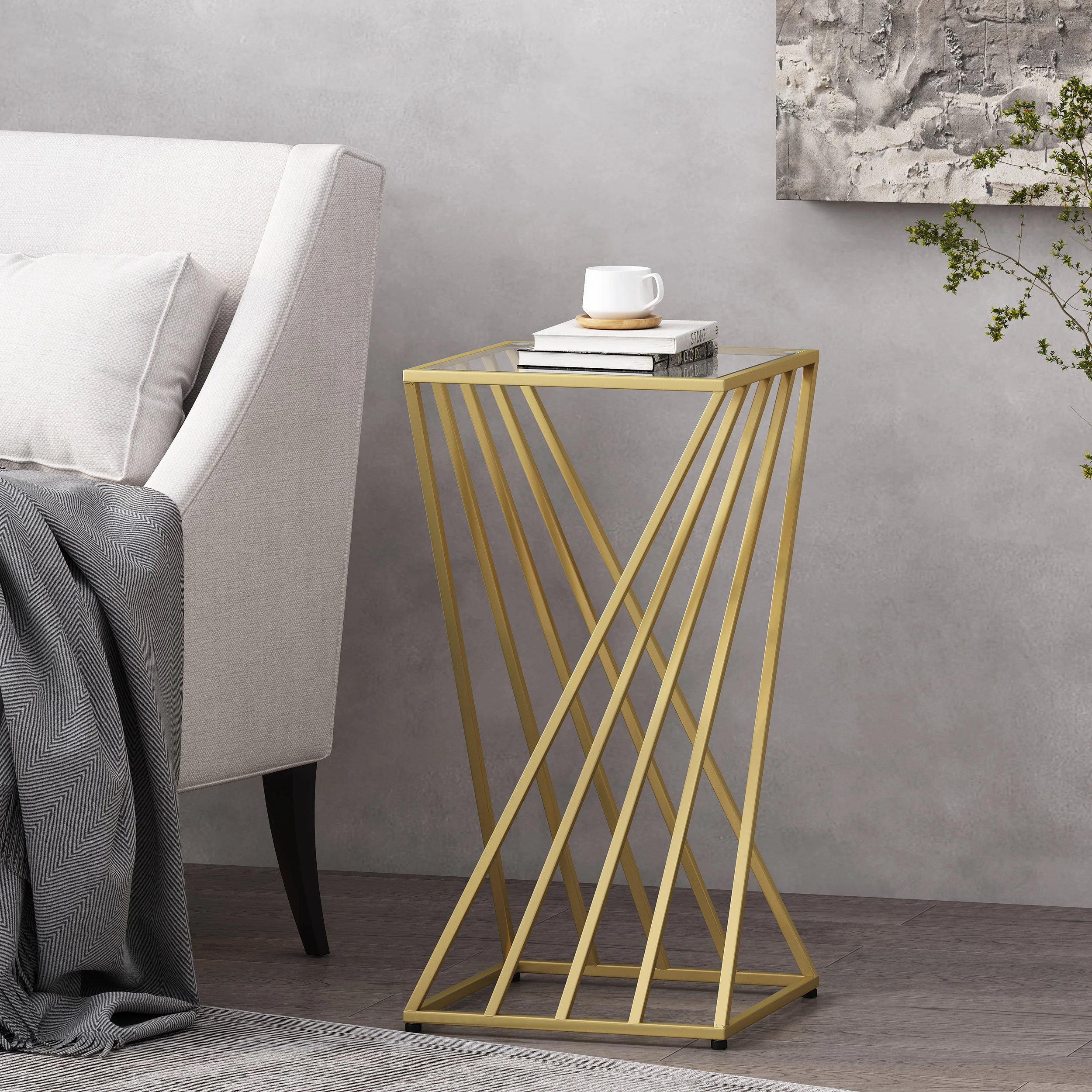 Raintree Modern Glam Glass Top End Table, Champagne Gold - furnishings
