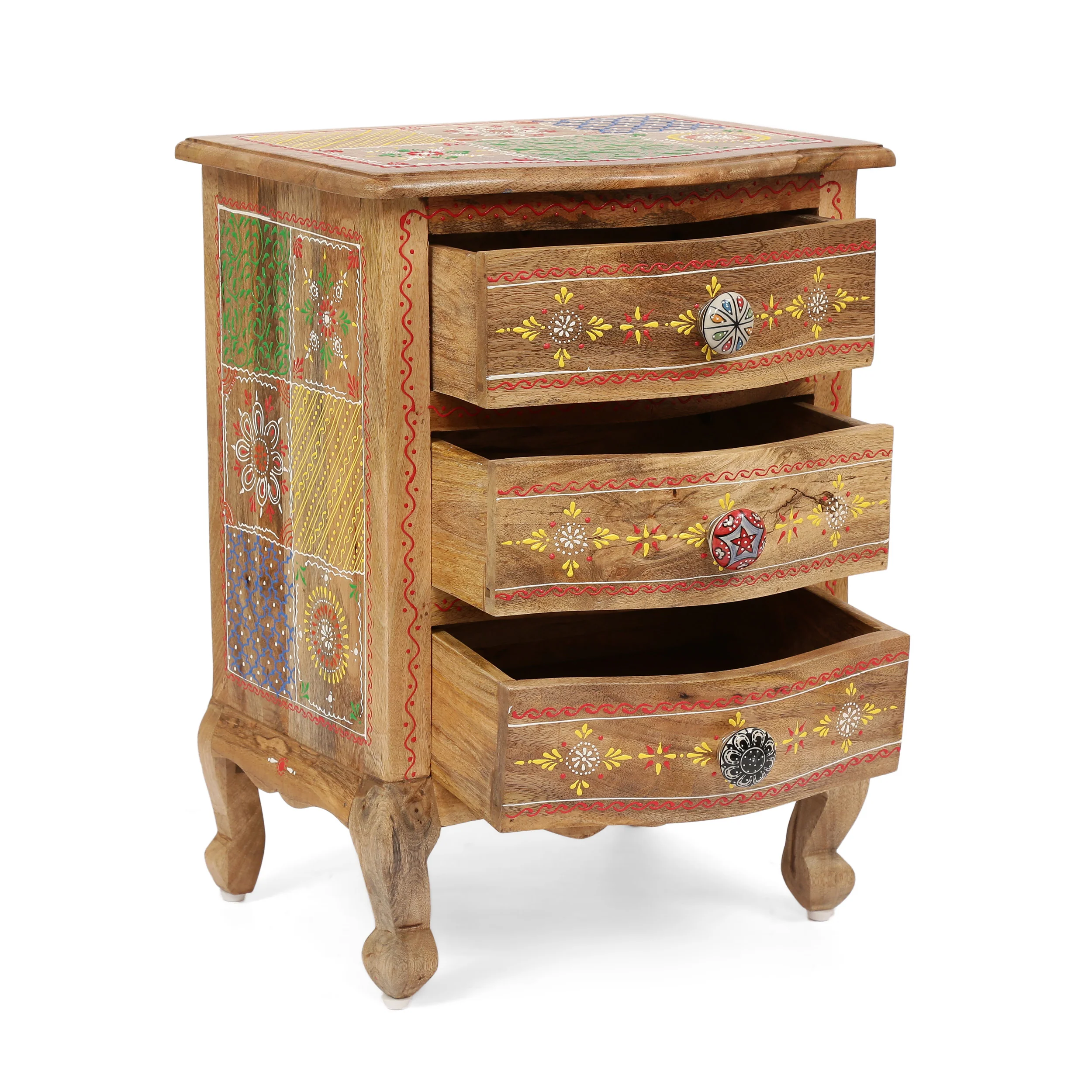 Valdosta Handcrafted Boho Mango Wood 3 Drawer Nightstand - furnishings