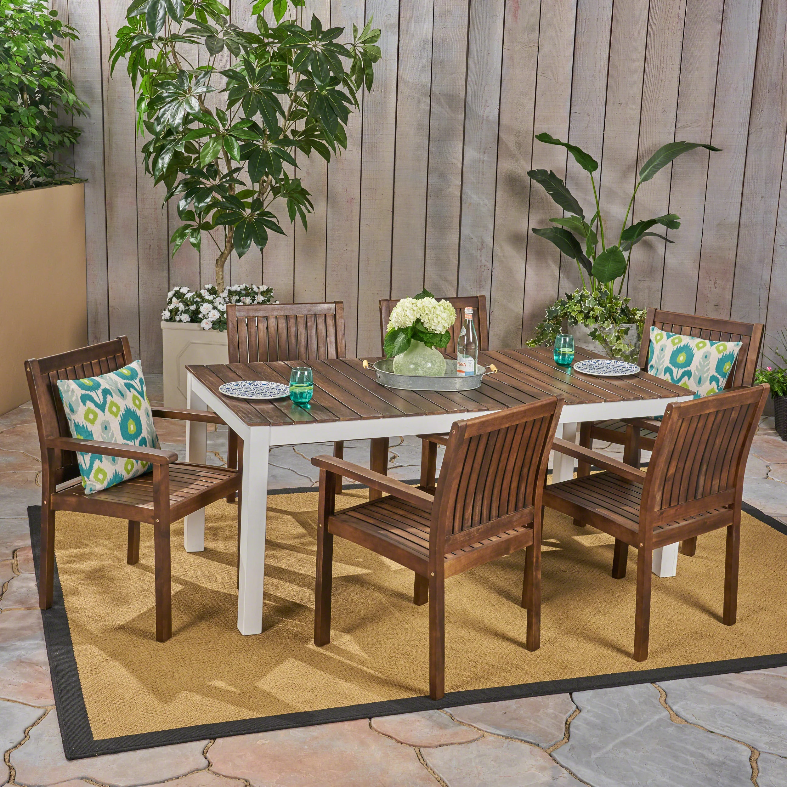 Noe Outdoor 7-Piece Acacia Wood Dining Set, Dark Brown and White - furnishings