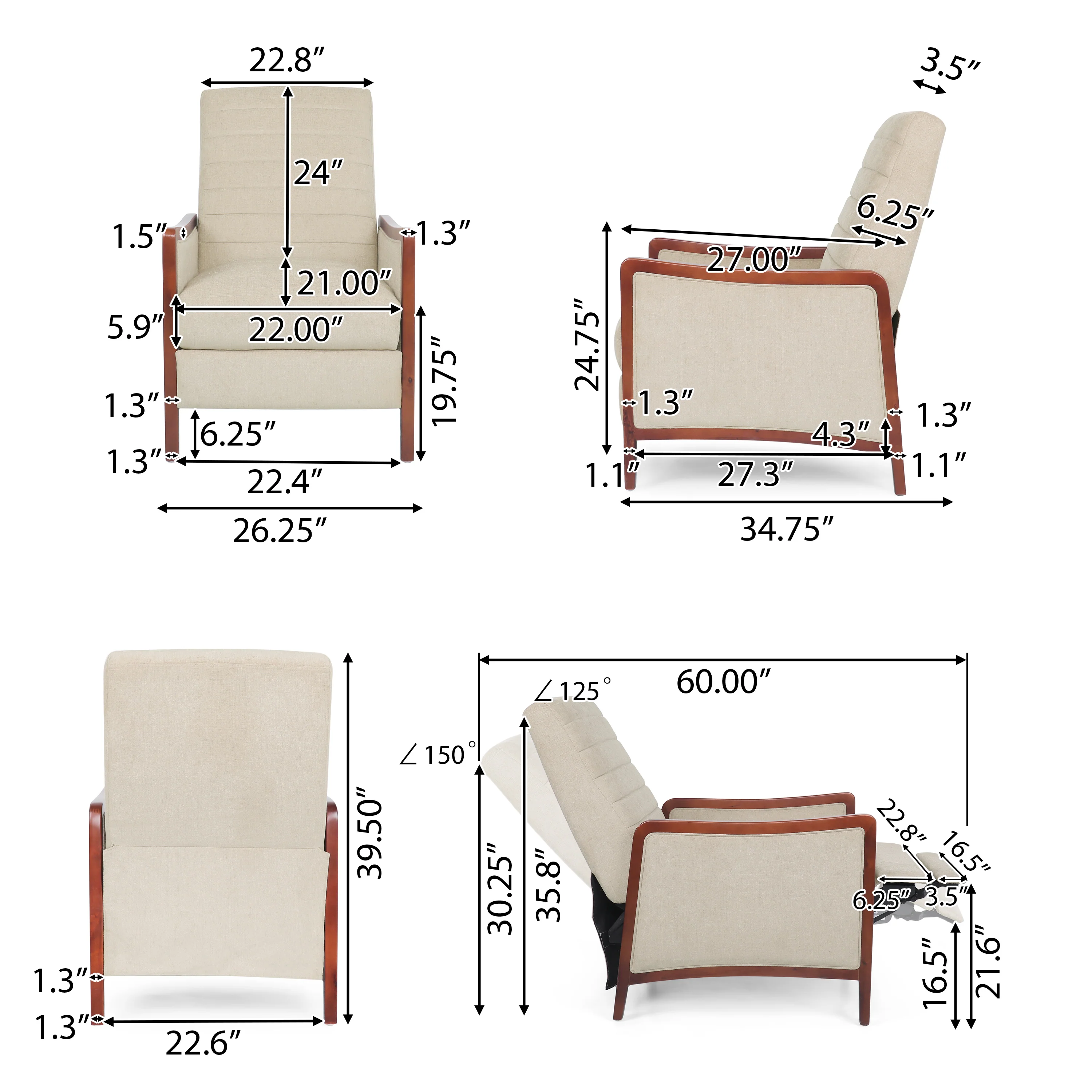 Mendota Mid Century Modern Fabric Channel Stitch Wood Pushback Recliner - furnishings