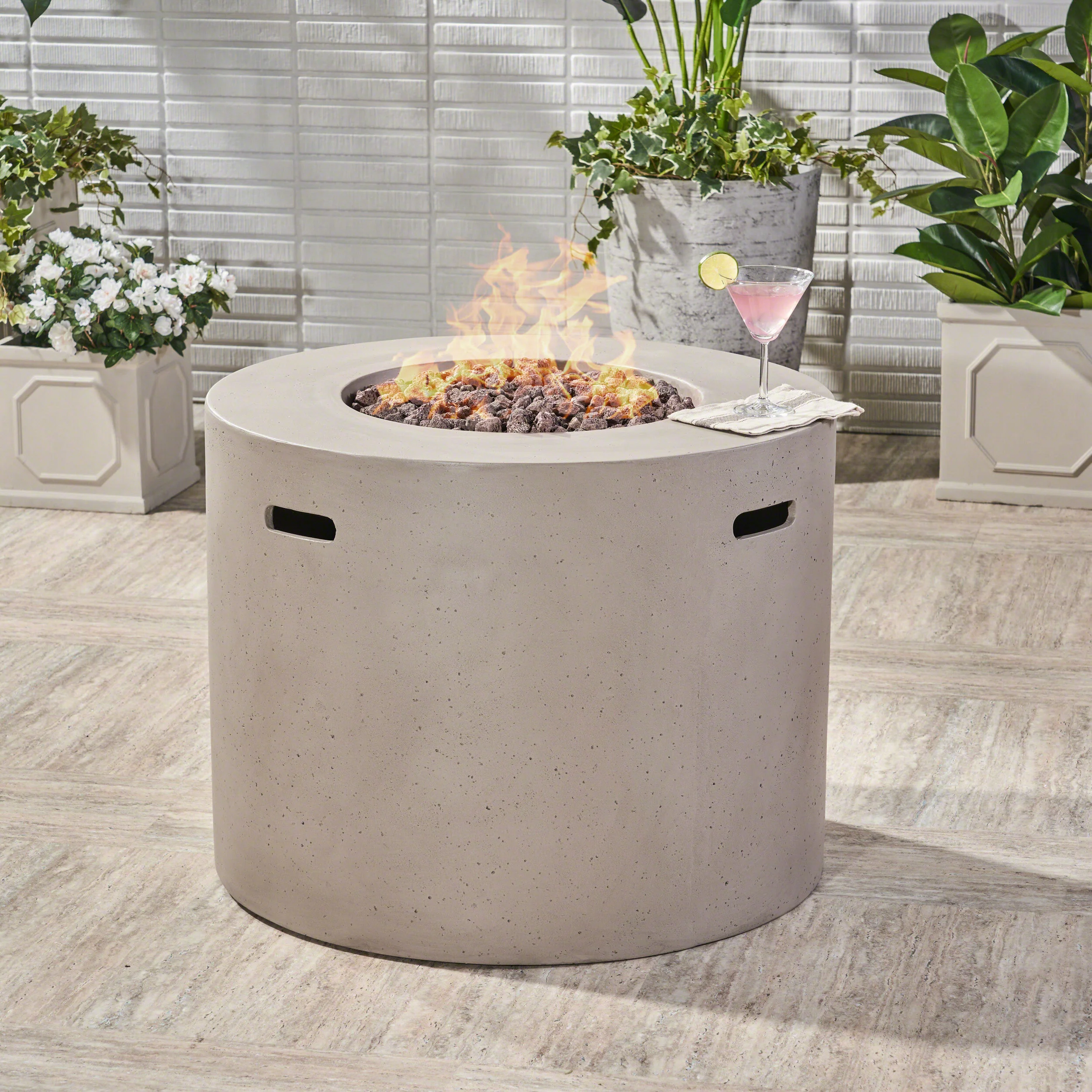 Leo Outdoor 31-inch Round Light Weight Concrete Gas Burning Fire Pit - furnishings
