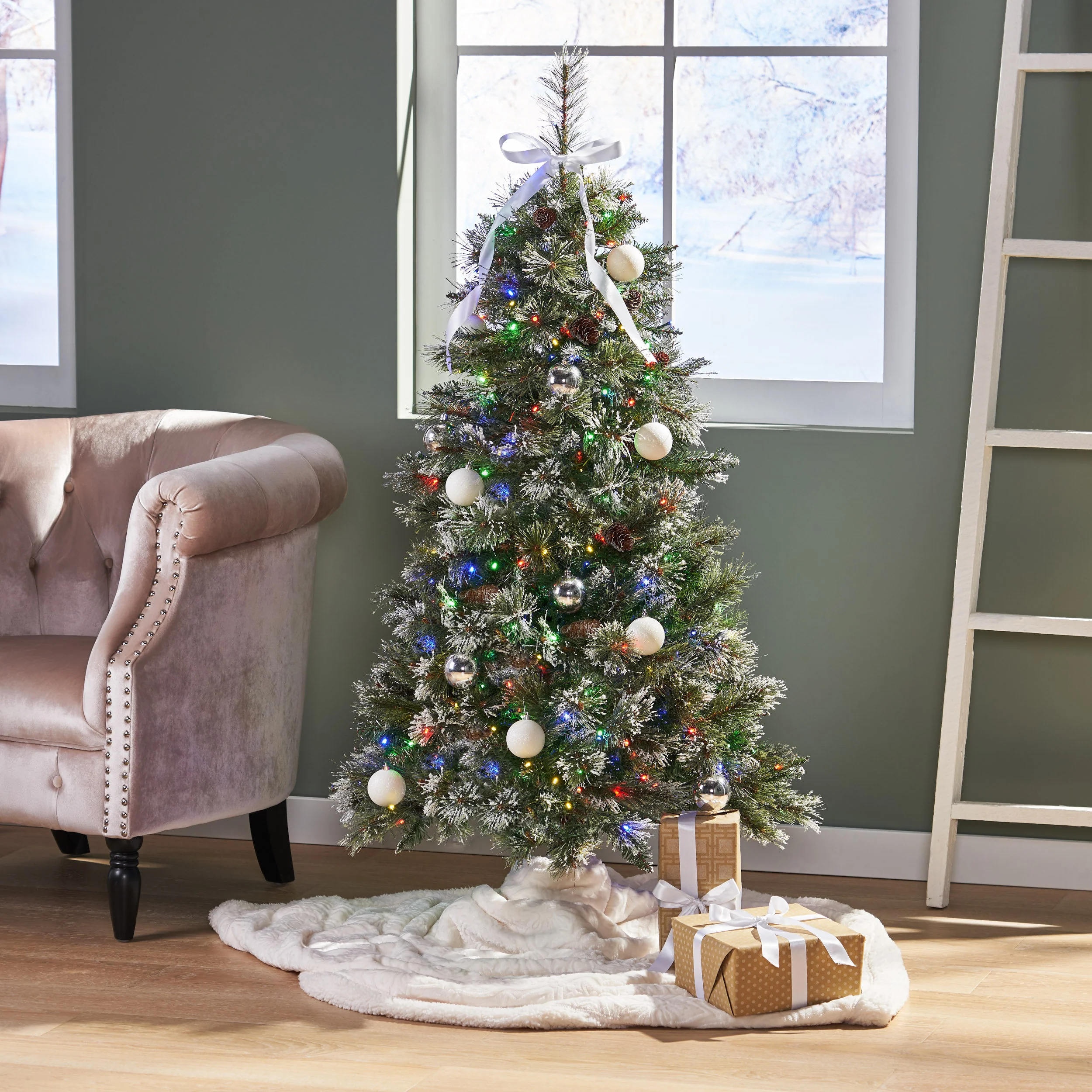 4.5-foot Cashmere Pine and Mixed Needles Pre-Lit Clear LED Hinged Artificial Christmas Tree with Snow and Glitter Branches and Frosted Pinecones - furnishings