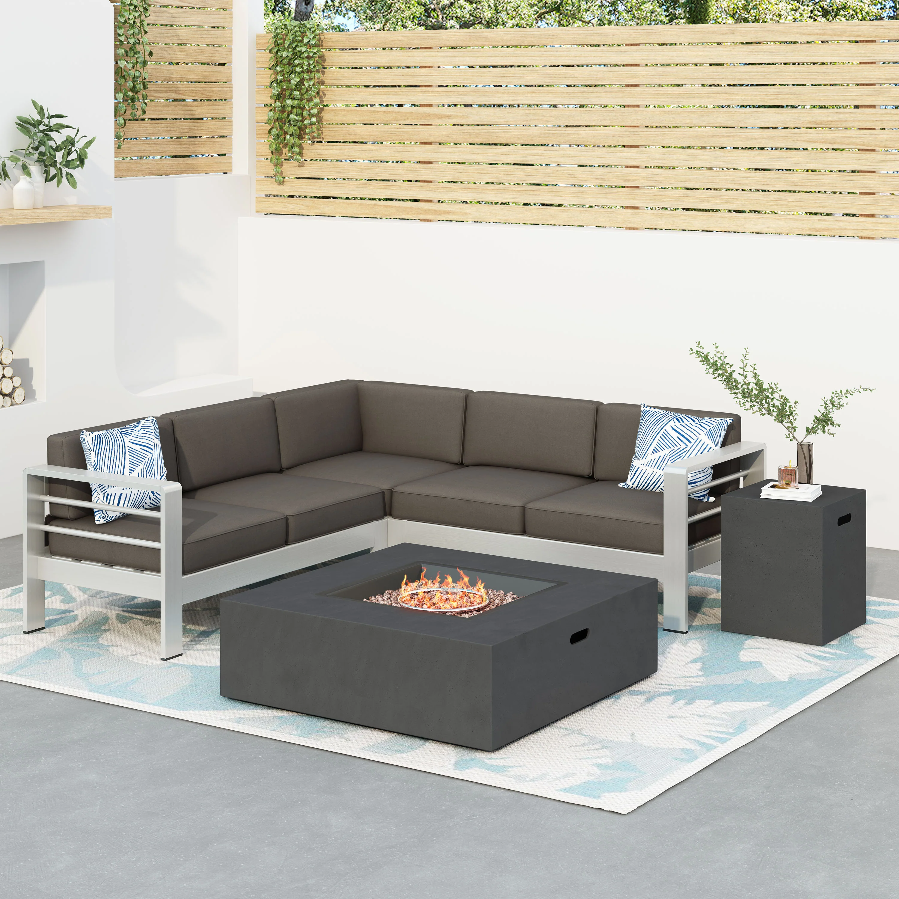 Crested-Bay V-shape Outdoor Fire Table Sofa Set - furnishings