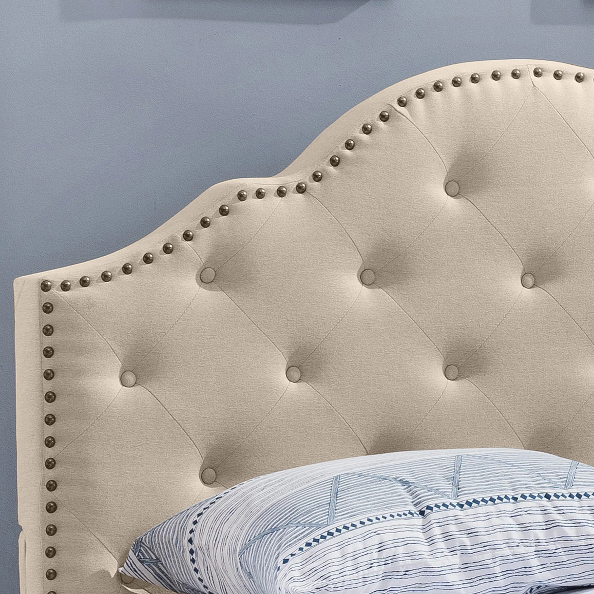 Gentry Contemporary Button-Tufted Camelback Queen Bed Frame with Nailhead Trim - furnishings