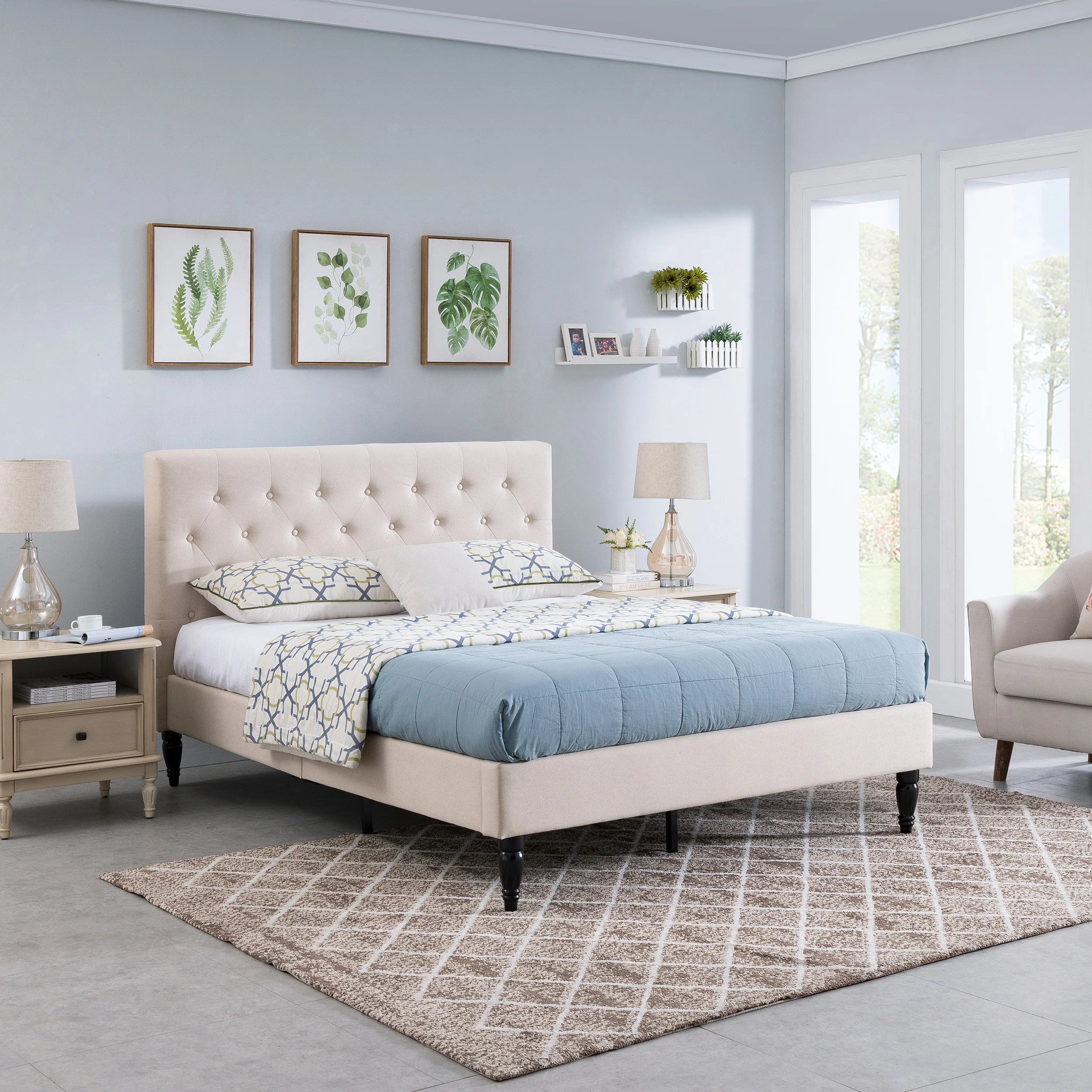 Lera Fully-Upholstered Queen-Size Platform Bed Frame, Low-Profile, Contemporary - furnishings