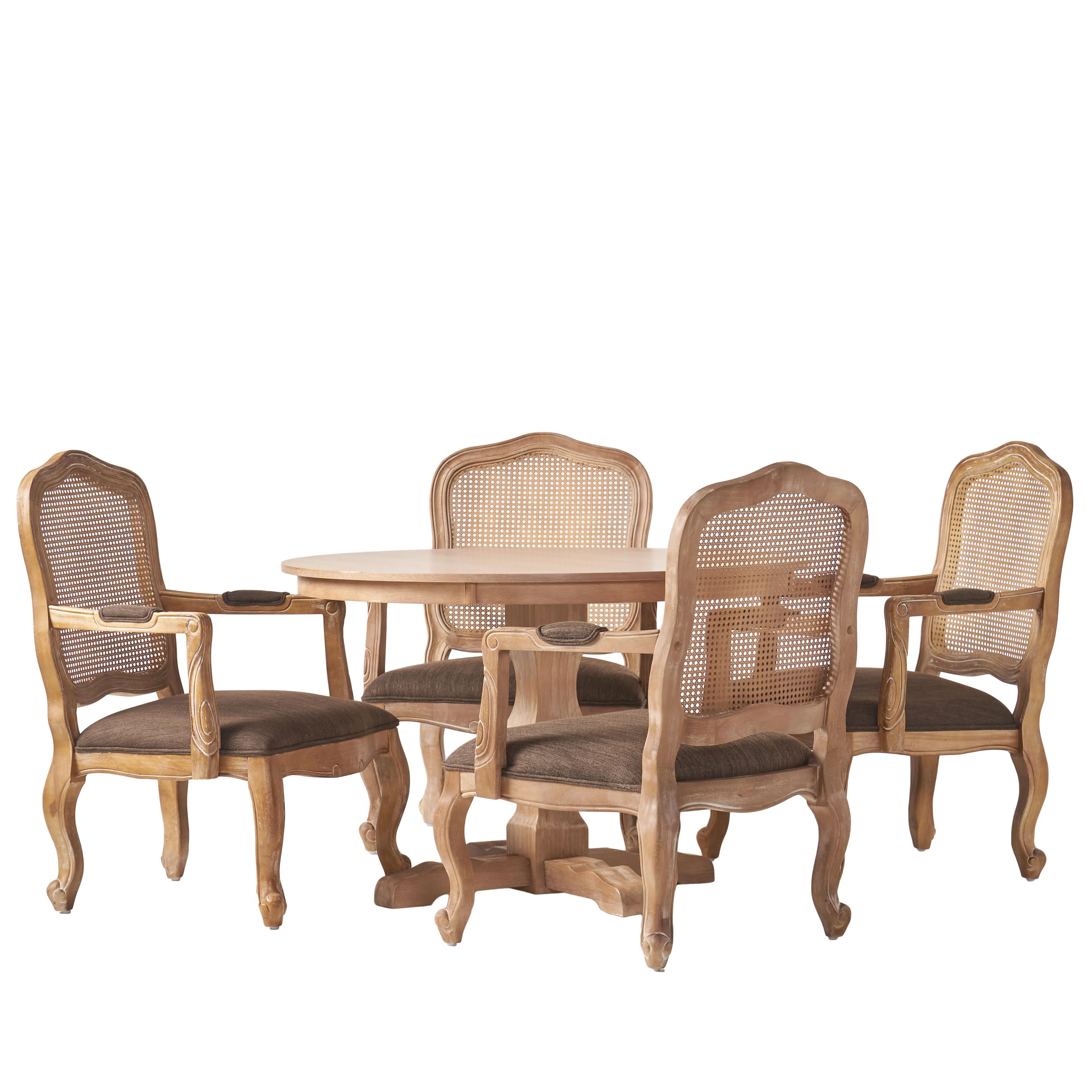Absaroka French Country Fabric Upholstered Wood and Cane 5 Piece Circular Dining Set - furnishings