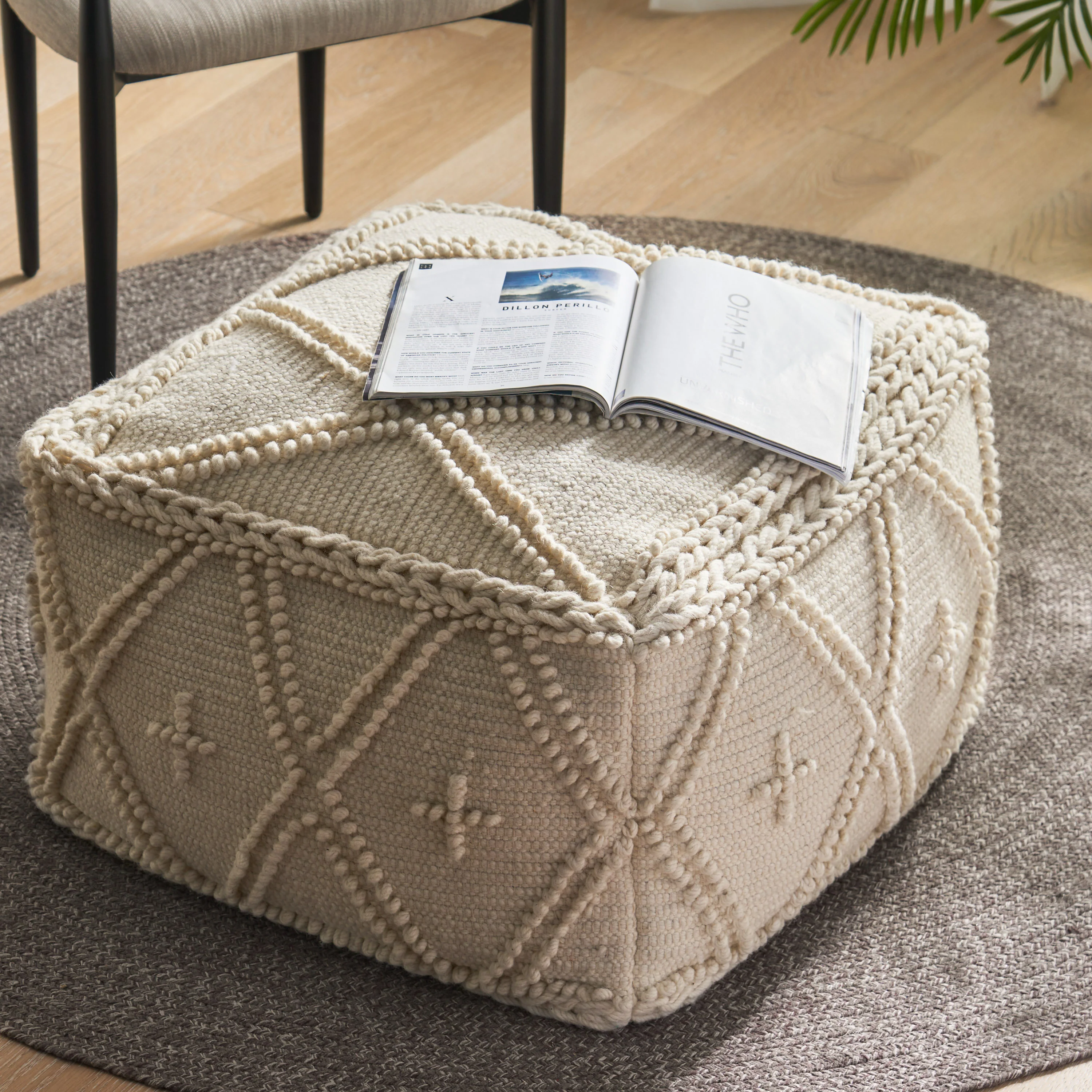 Nina Large Square Casual Pouf, Boho, White Wool and Cotton - furnishings