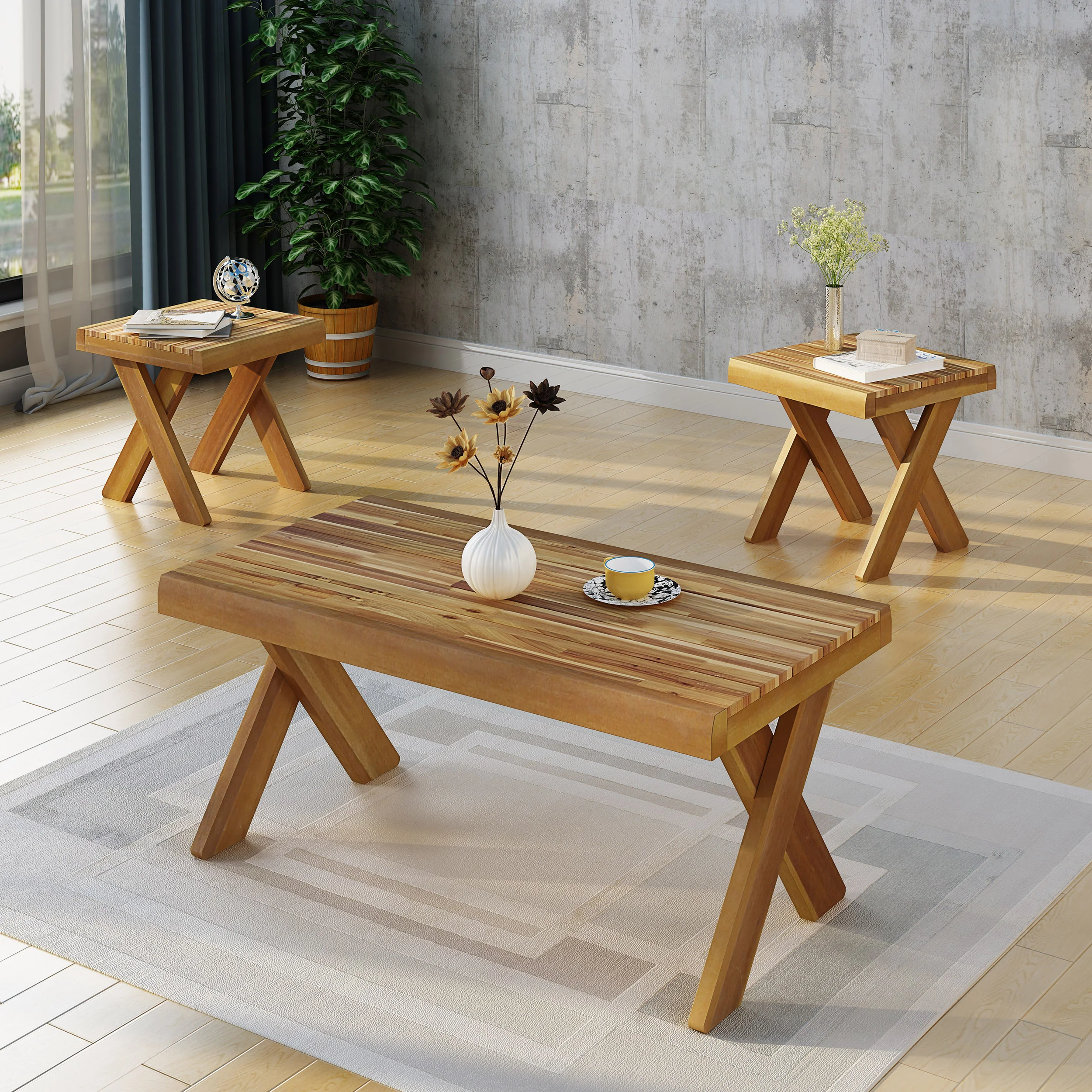 Irene Indoor Farmhouse 3 Piece Acacia Wood Table Set - furnishings