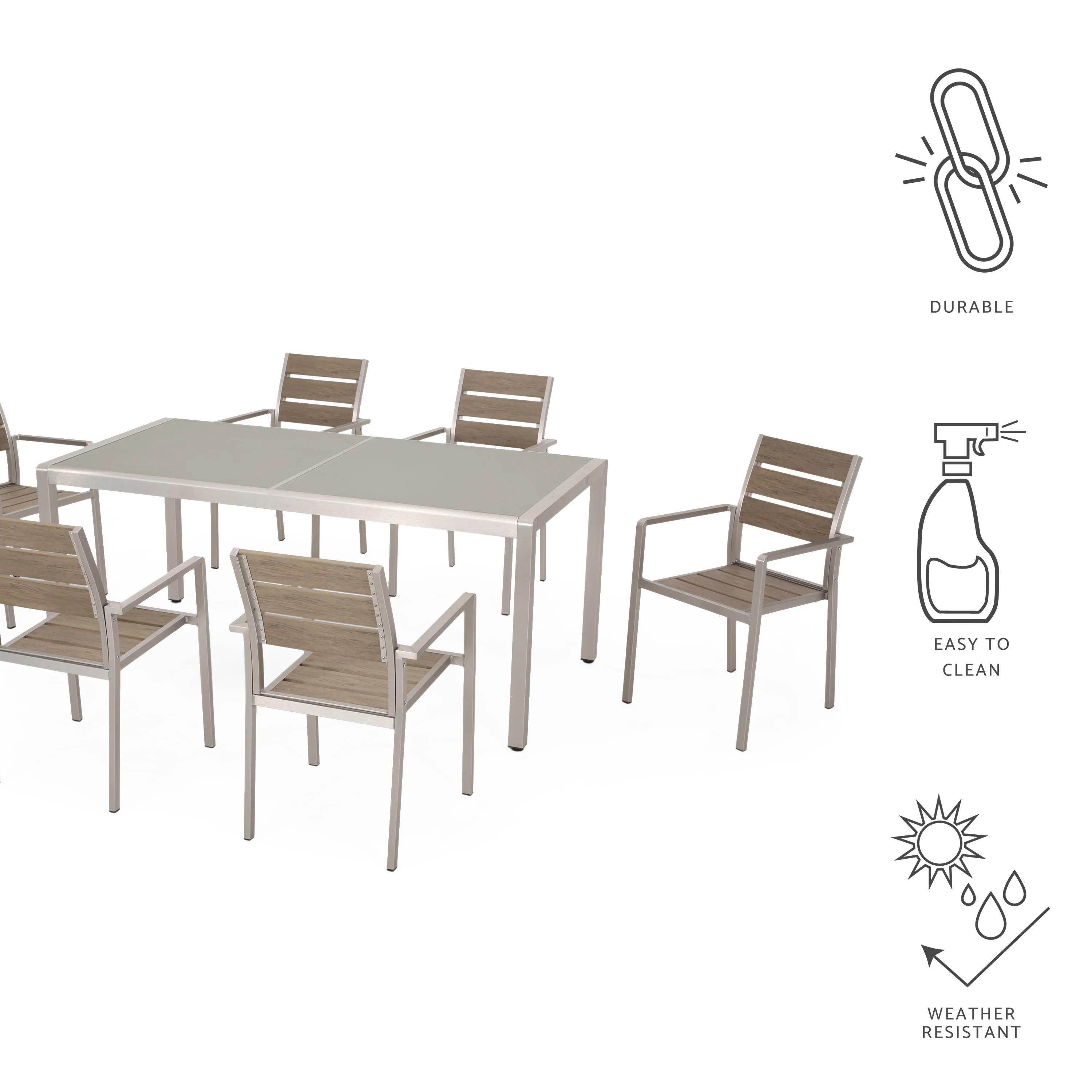 Cherie Outdoor Modern 6 Seater Aluminum Dining Set with Tempered Glass Table Top - furnishings