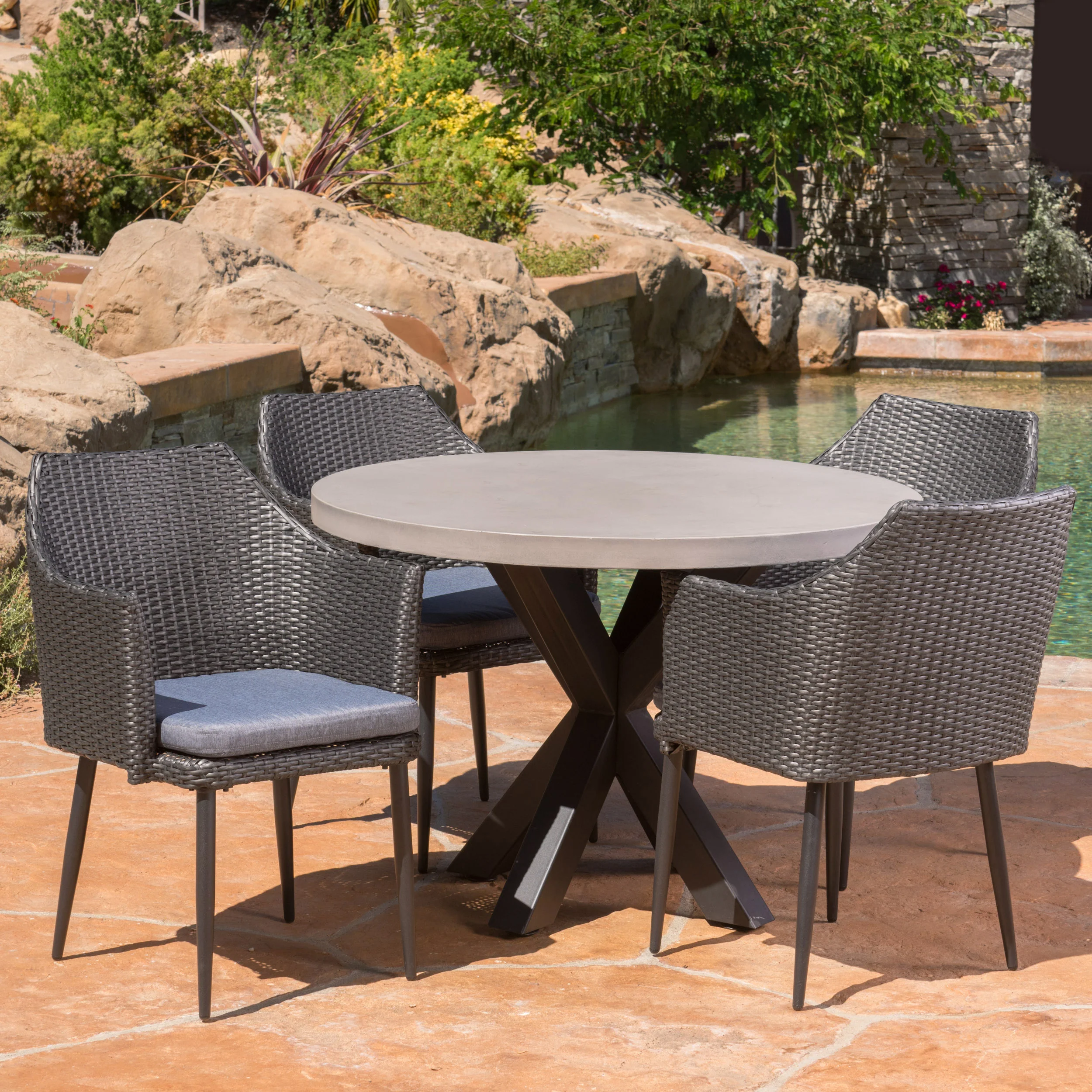 Nelson Outdoor Transitional 5 Piece Wicker Dining Set with Lightweight Concrete Table - furnishings