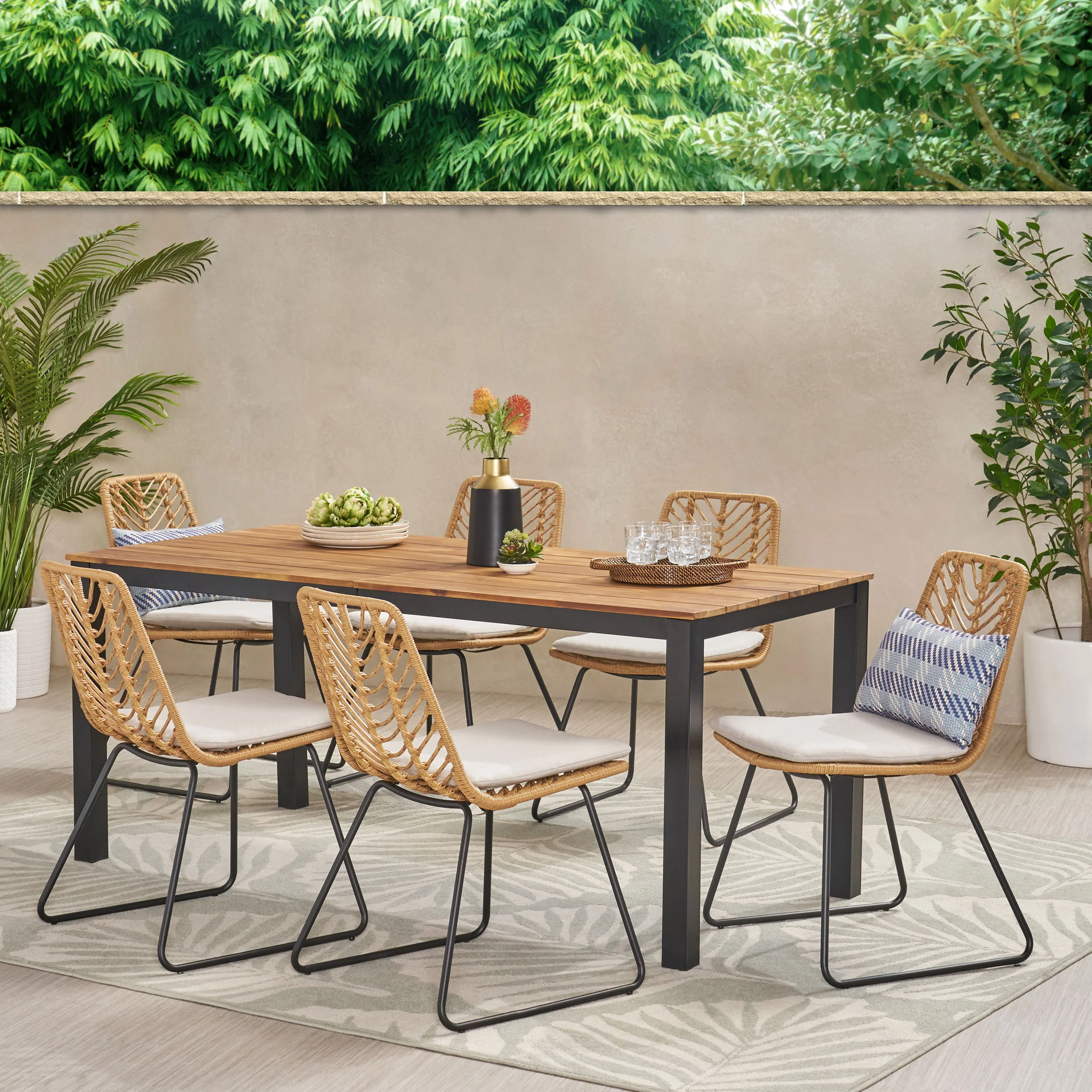 Beaver Bleckley Outdoor 7 Piece Dining Set with Wicker Seating - furnishings