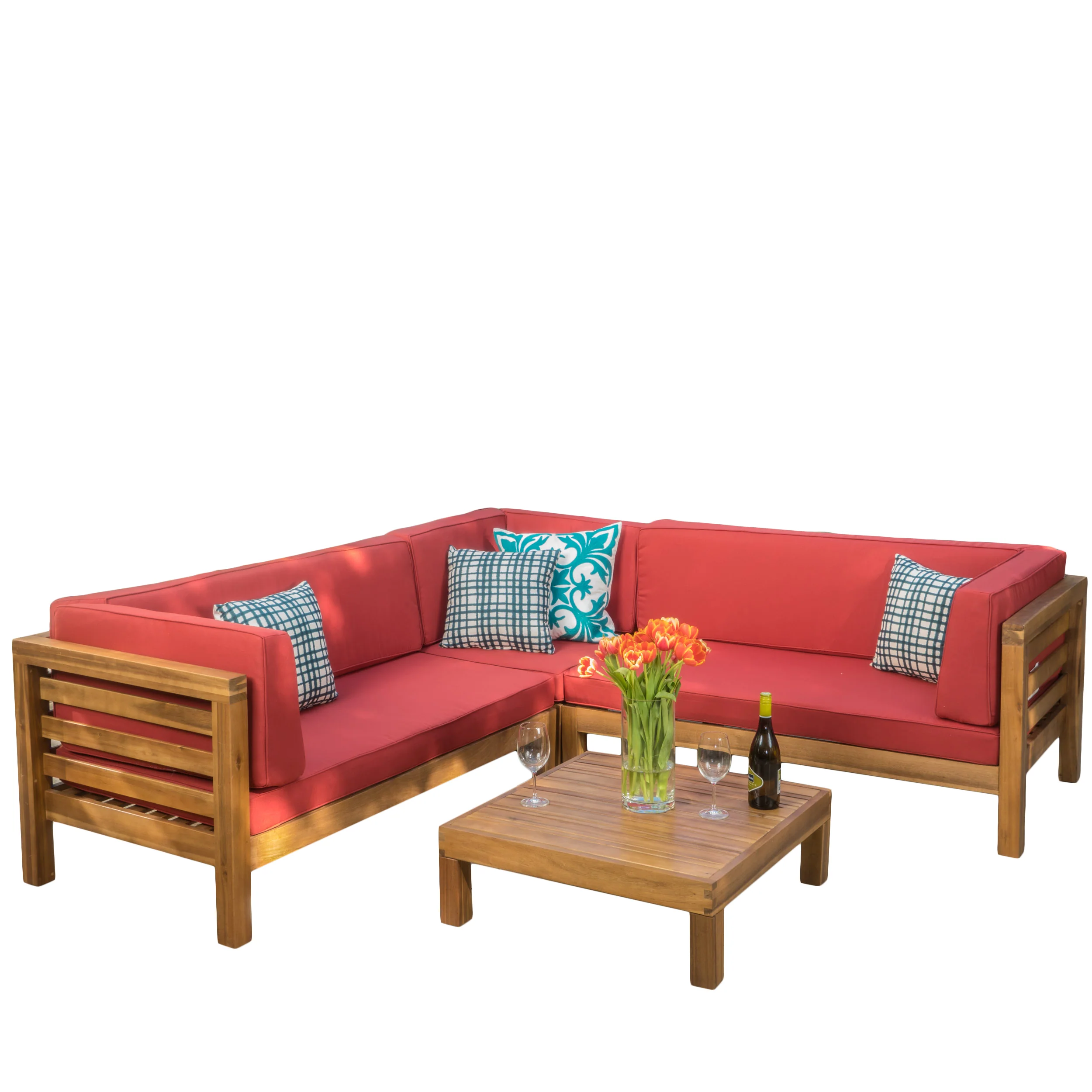 Ravello 4 Piece Outdoor Wooden Sectional Set with Cushions - furnishings