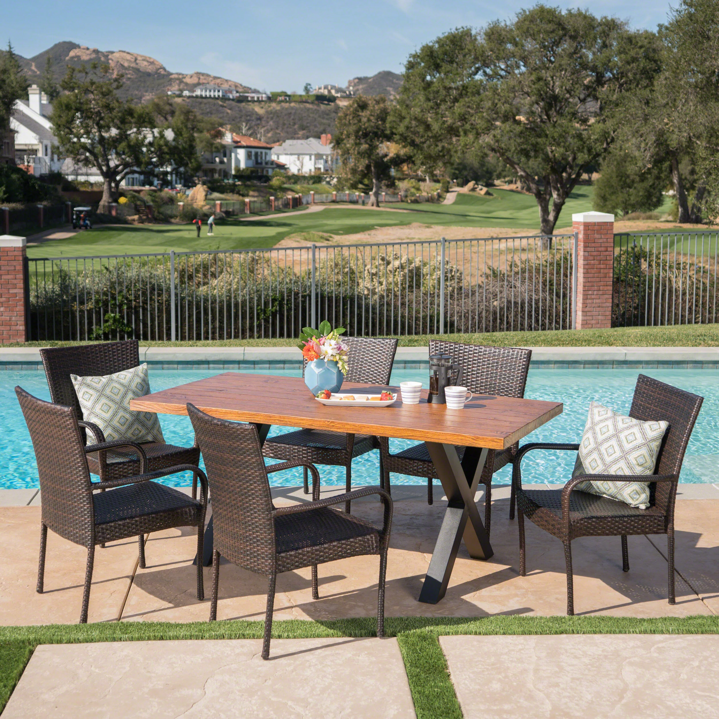Amaryllis Outdoor 7 Piece Wicker Dining Set with Light Weight Concrete Table - furnishings