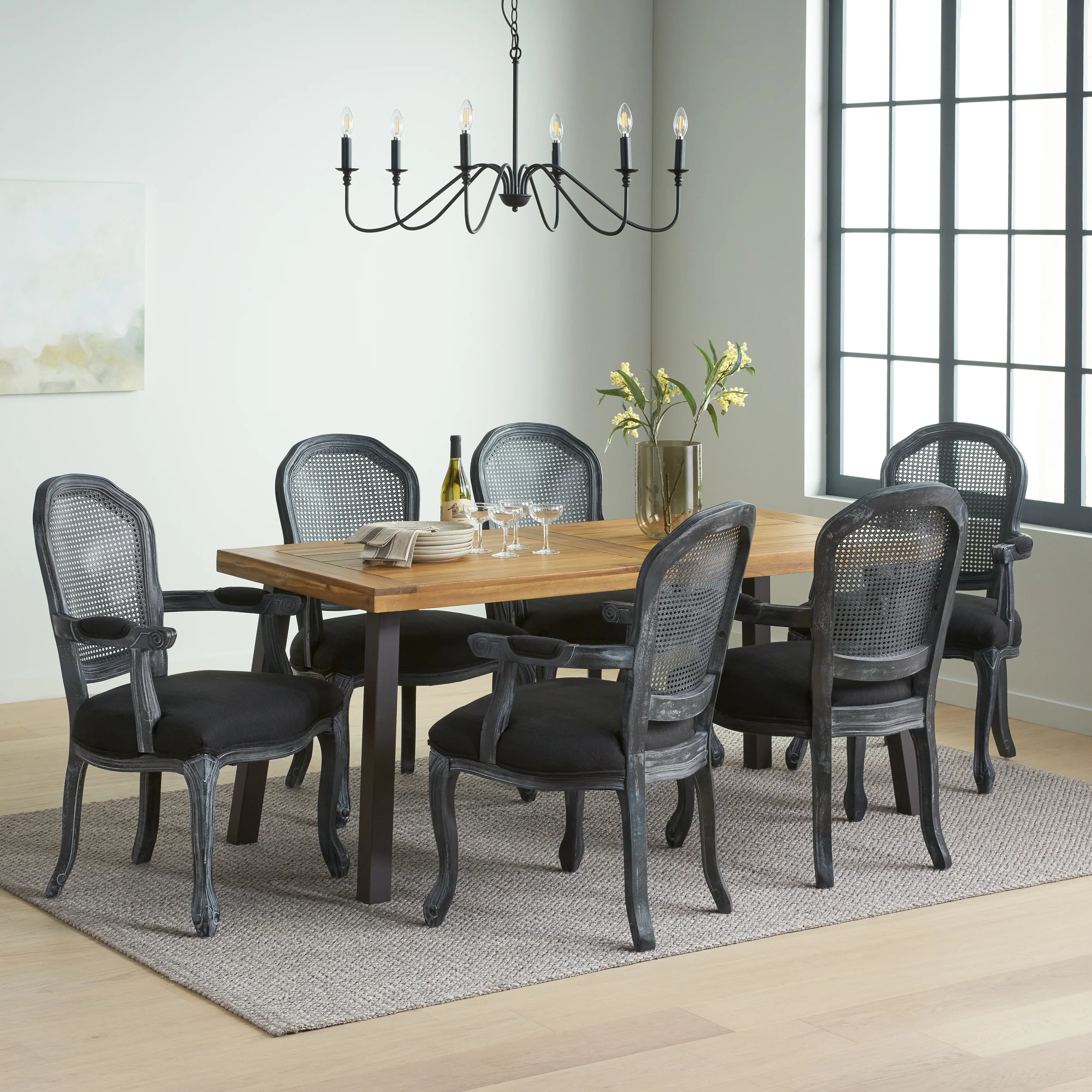 Aldrich Farmhouse Fabric Upholstered Wood and Cane 7 Piece Dining Set - furnishings