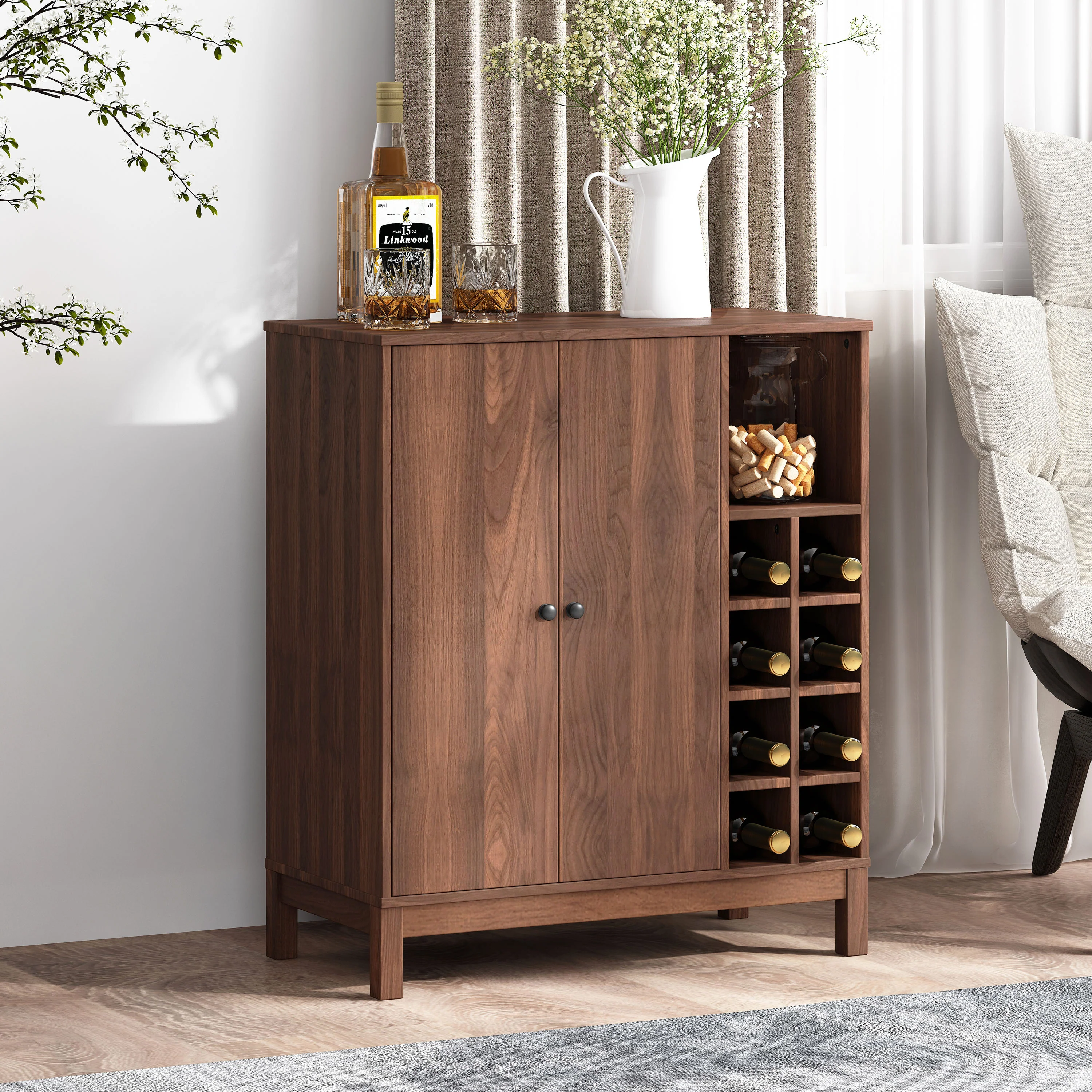Hurlbut Mid Century Modern Wooden 8 Bottle Wine Cabinet, Walnut and Dark Brown - furnishings