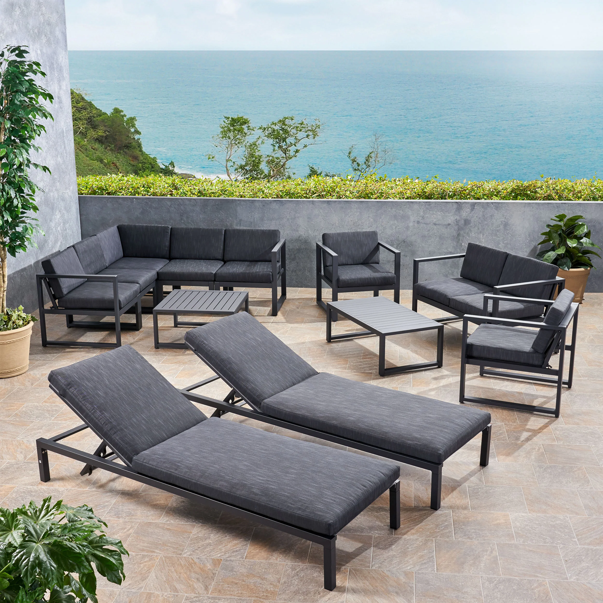 Nealie Outdoor 9 Seater Aluminum Sectional Sofa Set with Mesh Chaise Lounges - furnishings