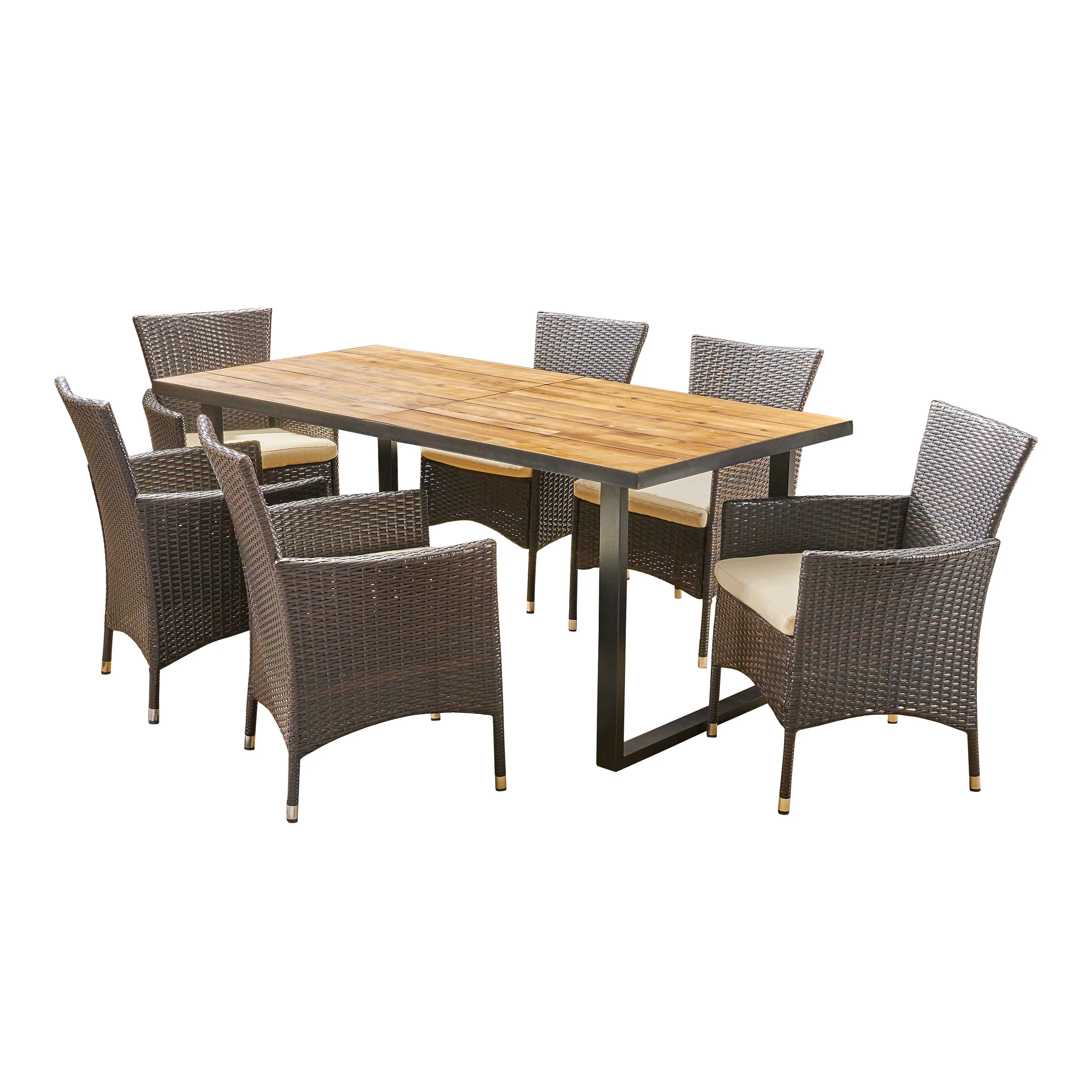 Acosta Outdoor 6-Seater Rectangular Acacia Wood and Wicker Dining Set, Teak with Black and Multi Brown with Beige - furnishings