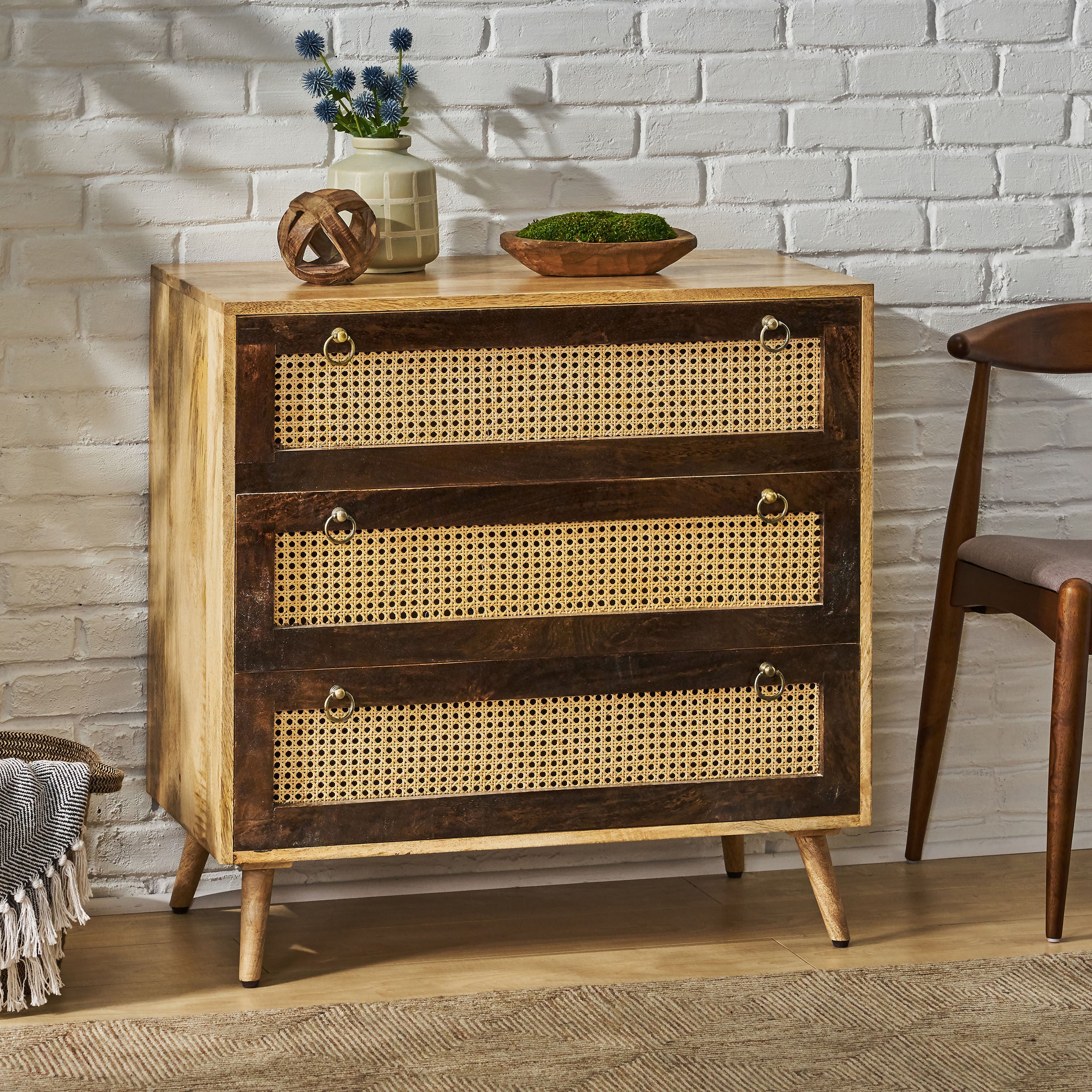 Missoula Boho Handcrafted Mango Wood 3 Drawer Sideboard, Natural and Walnut - furnishings