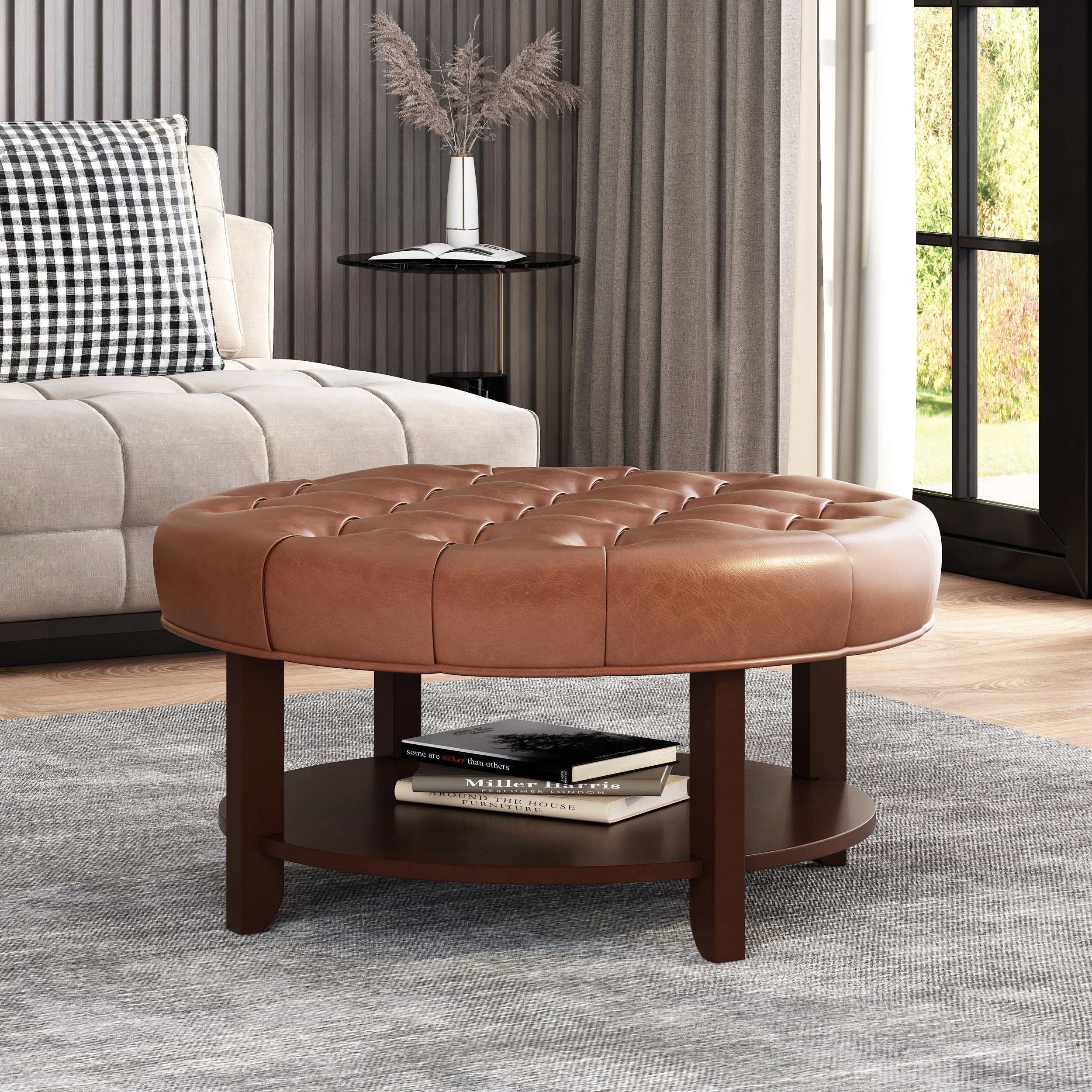 Baynes Contemporary Faux Leather Tufted Wood Round Ottoman with Open Shelf - furnishings