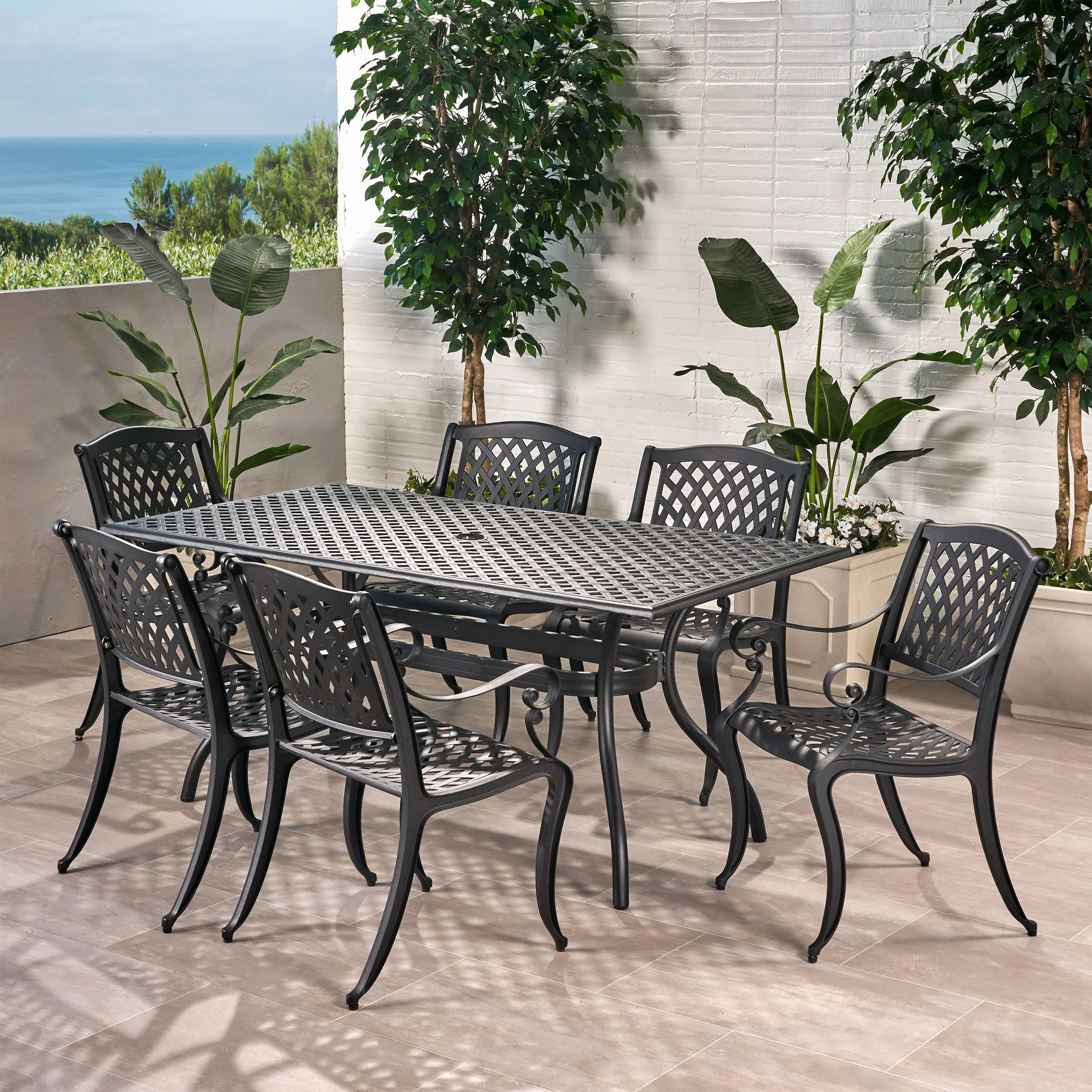 Marietta 7-piece Black Cast Aluminum Outdoor Dining Set - furnishings