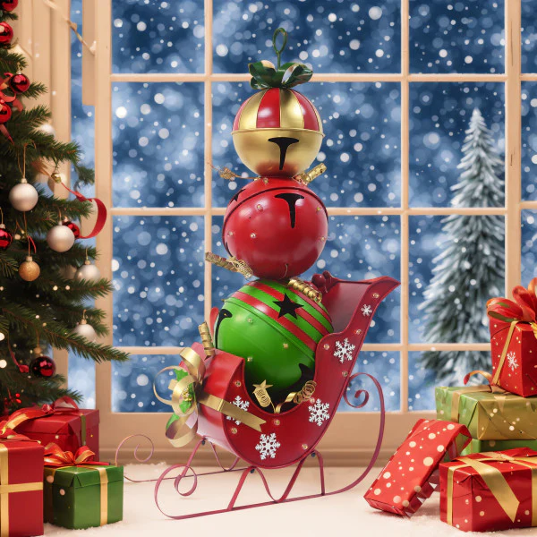 MerryMingle Iron Christmas Sleigh Decoration with Triple Stacked Bells - furnishings