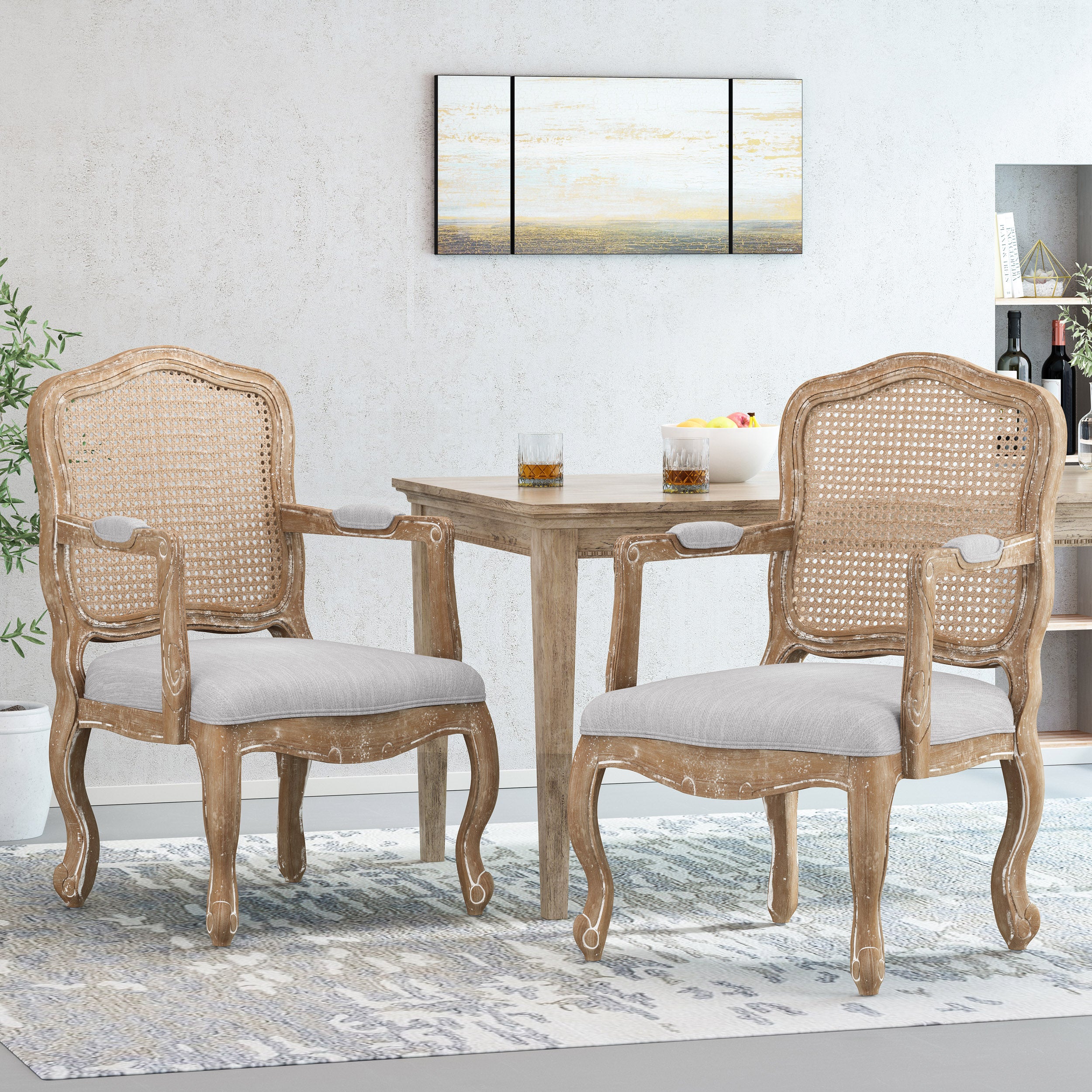 Biorn French Country Wood and Cane Upholstered Dining Armchair - furnishings