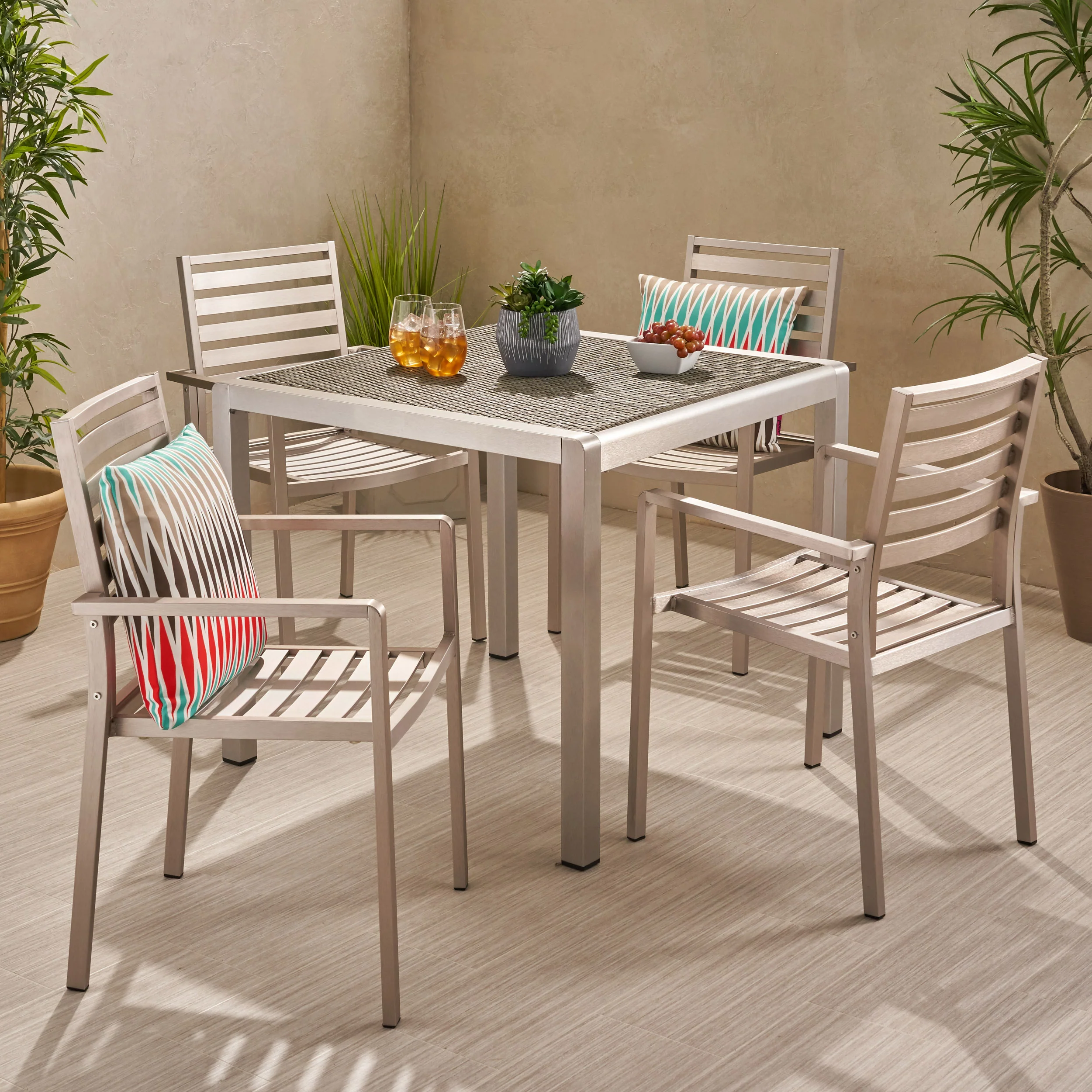 Cherie Outdoor Modern 4 Seater Aluminum Dining Set with Wicker Table Top - furnishings