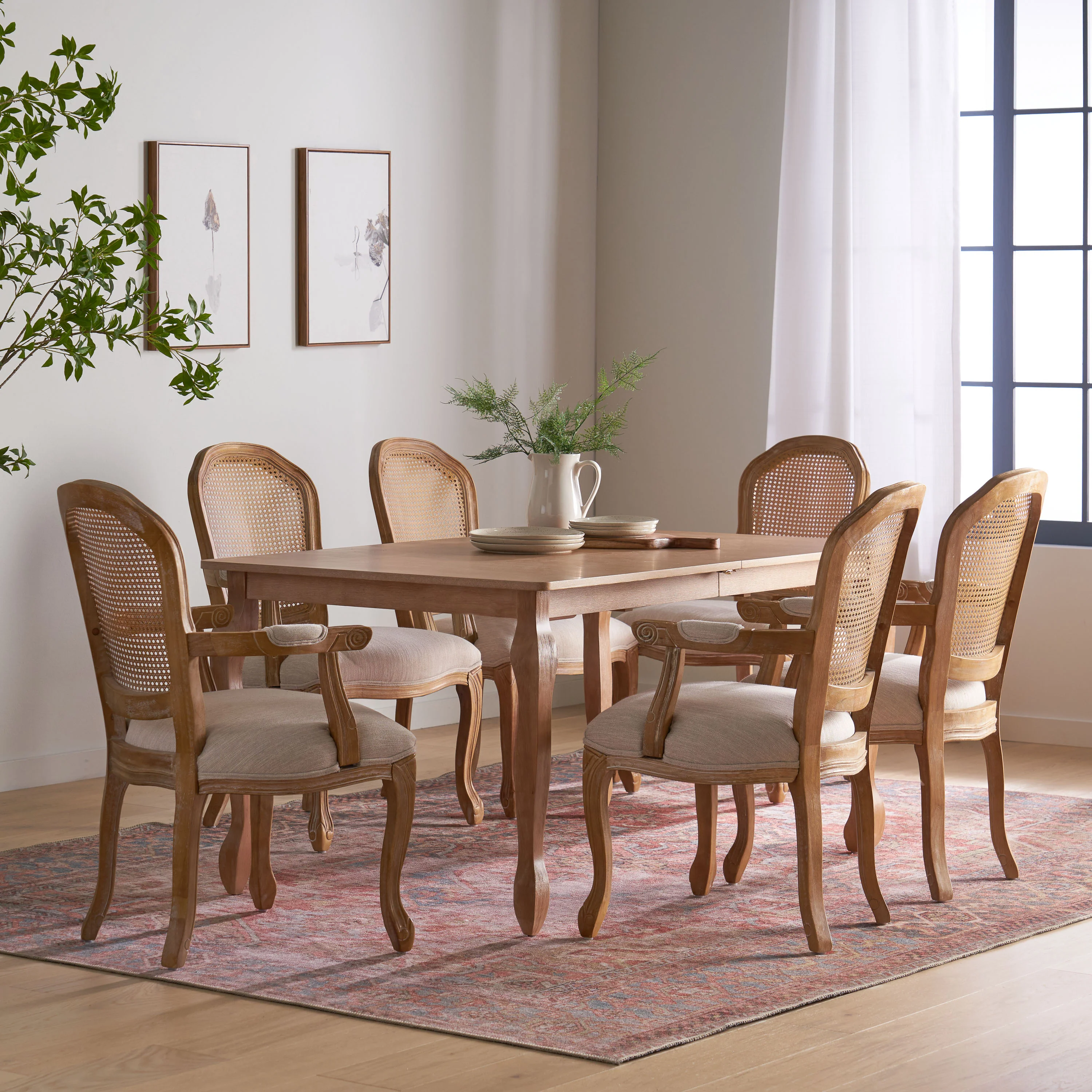 Fescue French Country Fabric Upholstered Wood and Cane Expandable 7 Piece Dining Set - furnishings