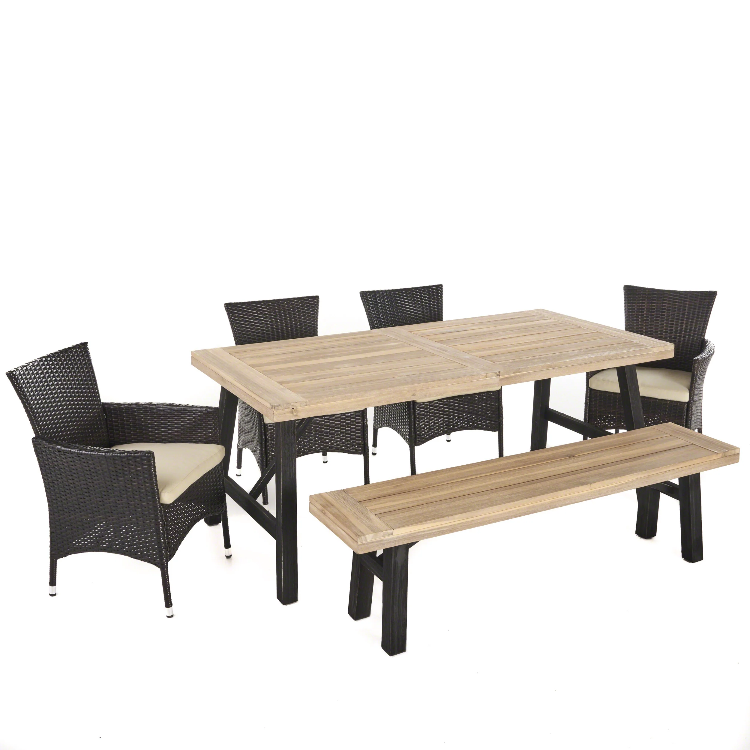 Jacks Outdoor 6 Piece Acacia Wood Dining Set with Wicker Dining Chairs - furnishings