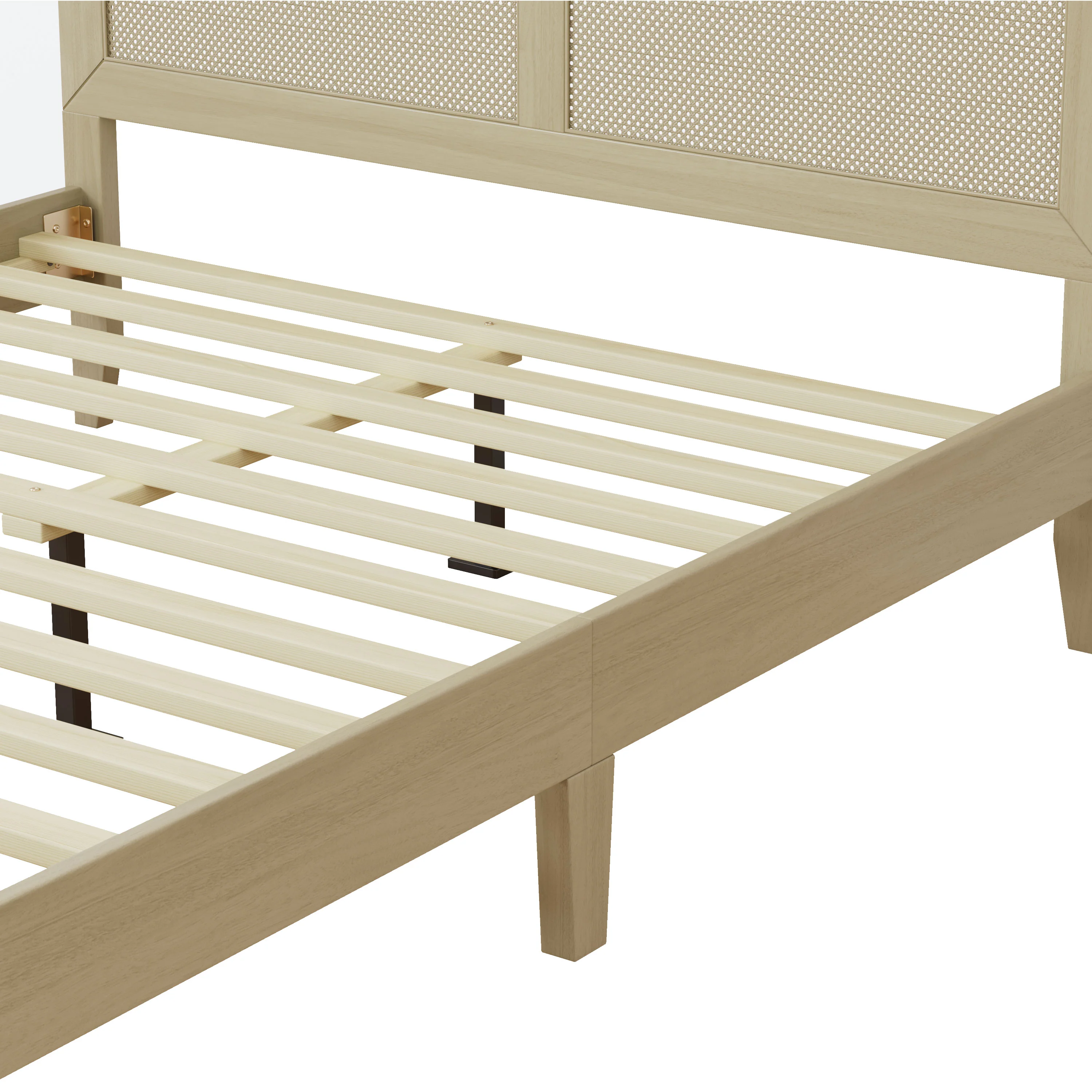 Linenwood Eudoca Rubber Wood Platform Bed with Rattan Woven Headboard, Natural - furnishings