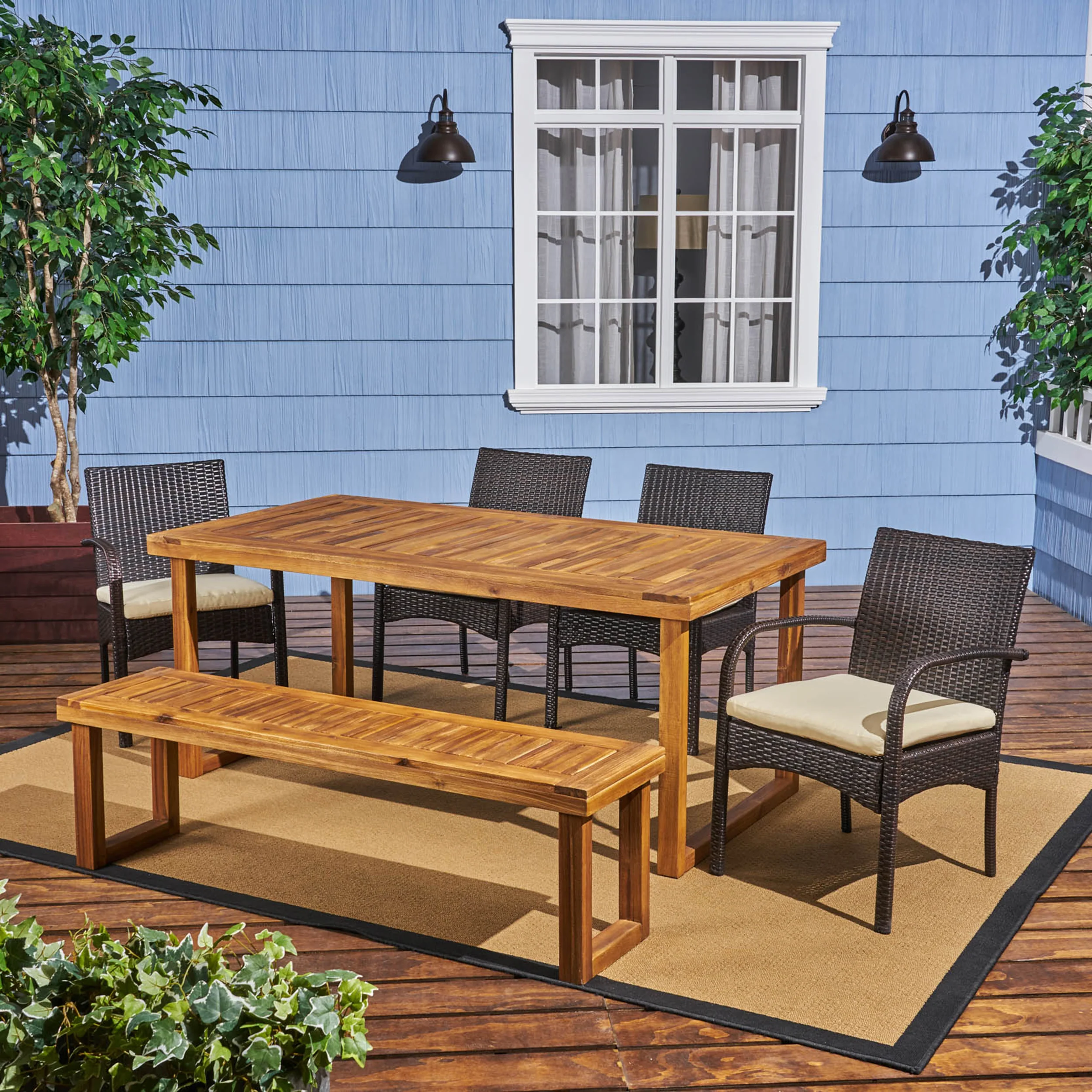 Stonecrest Outdoor 6-Seater Wood and Wicker Chair and Bench Dining Set - furnishings