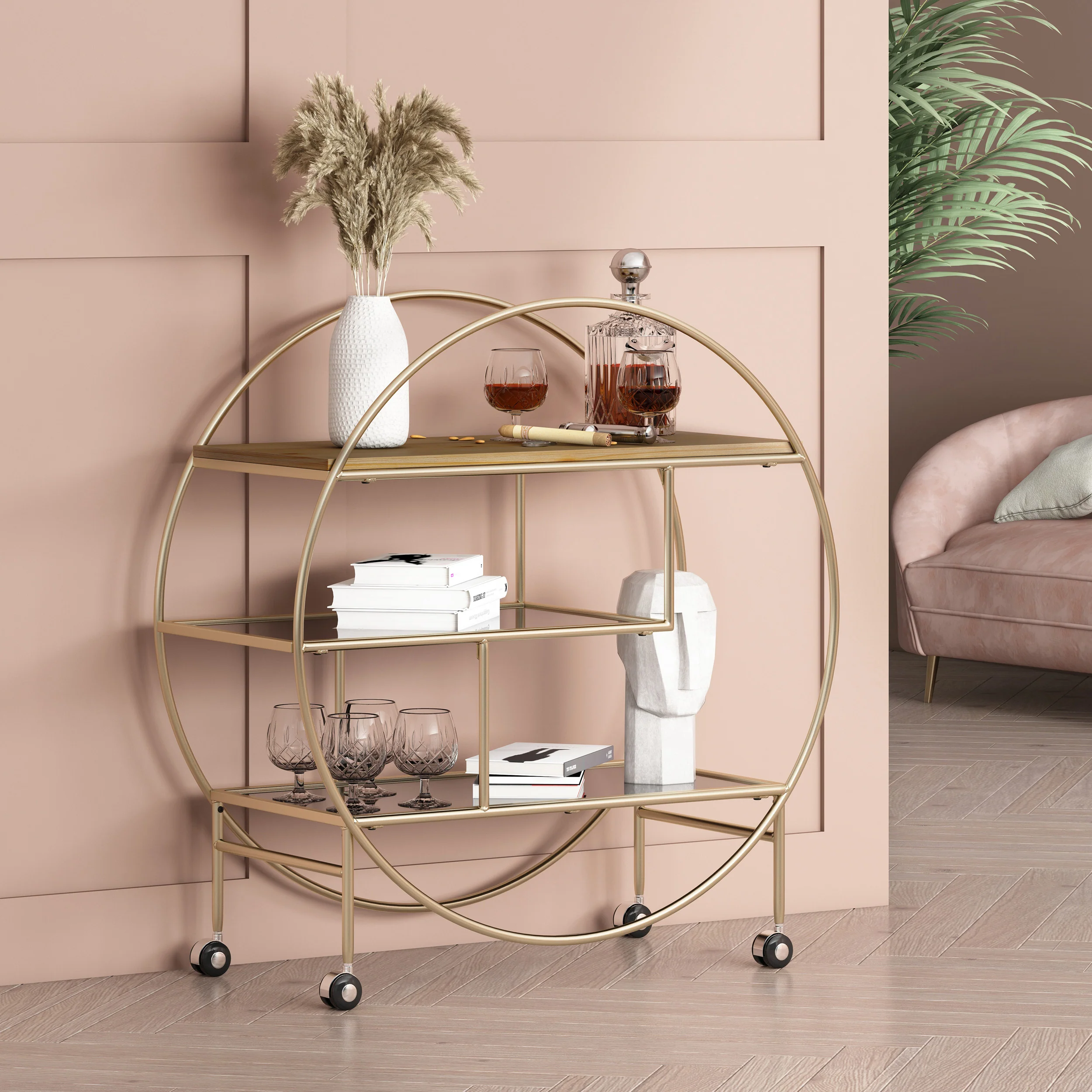 Hazlett Contemporary 3 Shelf Circular Bookcase, Black, Gold, and Antique - furnishings
