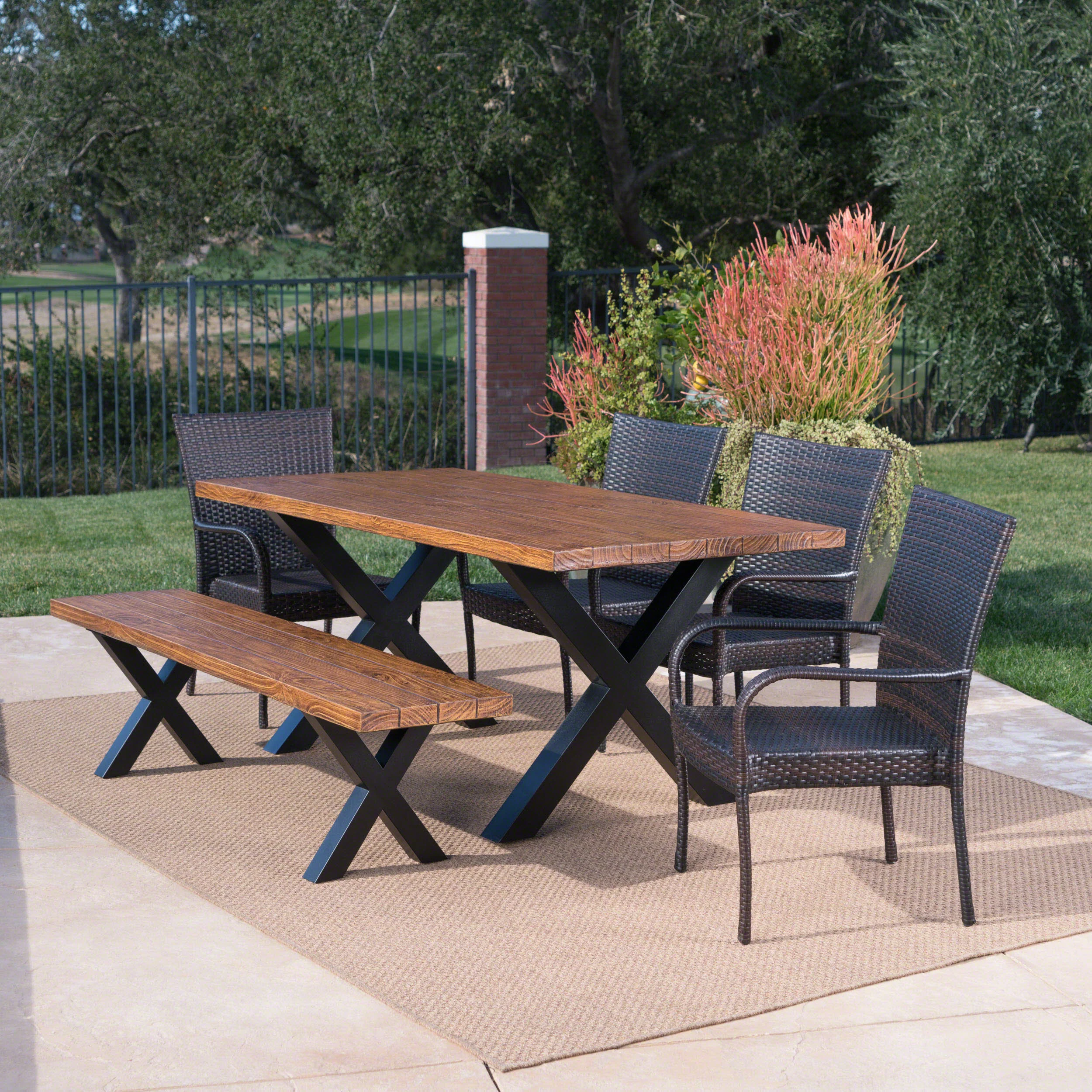 Amaryllis Outdoor 6 Piece Wicker Dining Set with Concrete Table and Bench - furnishings